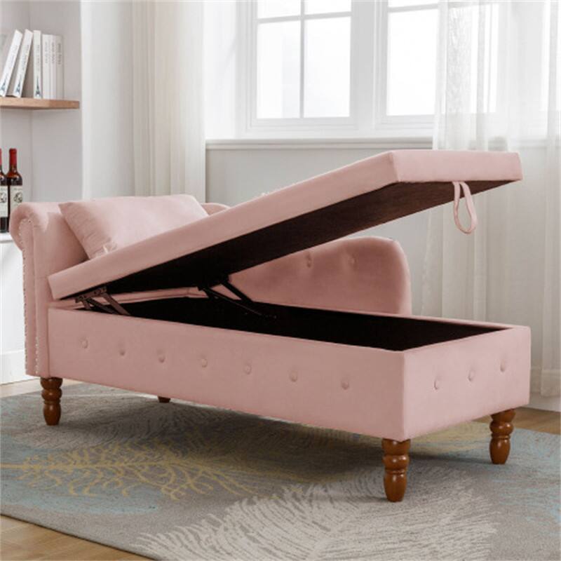 Angle. HTUTWOO - Chaise Lounge Indoor - Velvet Lounge Chair with Storage & Pillow,Upholstered Rolled Arm Chaise Lounge for Sleeping - Pink.