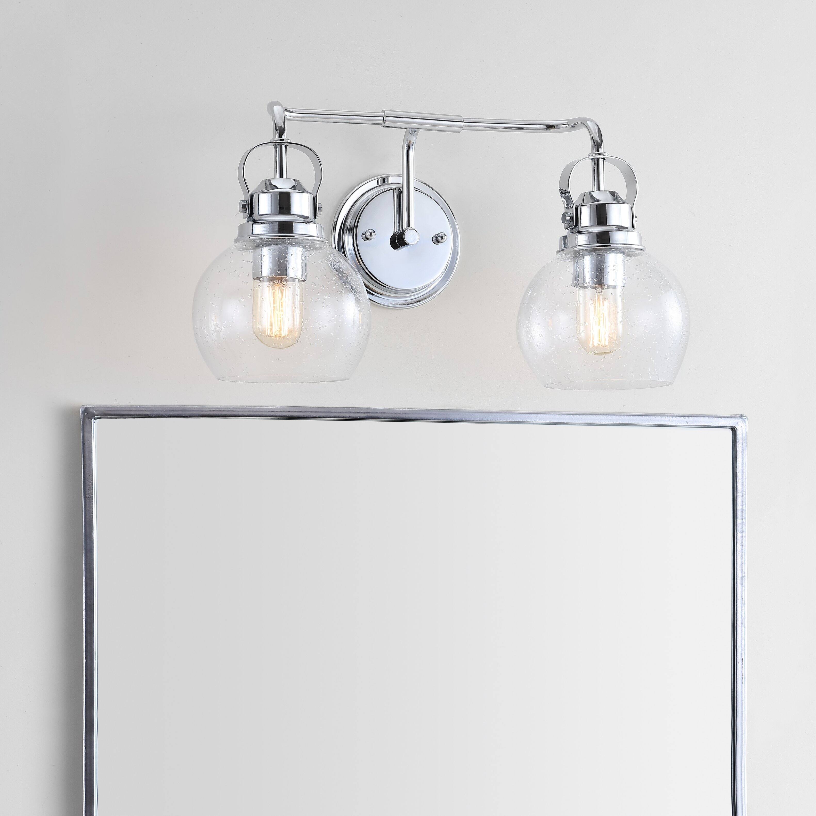 Alt View 1. Jonathan Y - Shirley 17.5" 2-Light Farmhouse Industrial Metal LED Vanity Light with Seeded Glass Globe Shades, Chrome - Chrome.