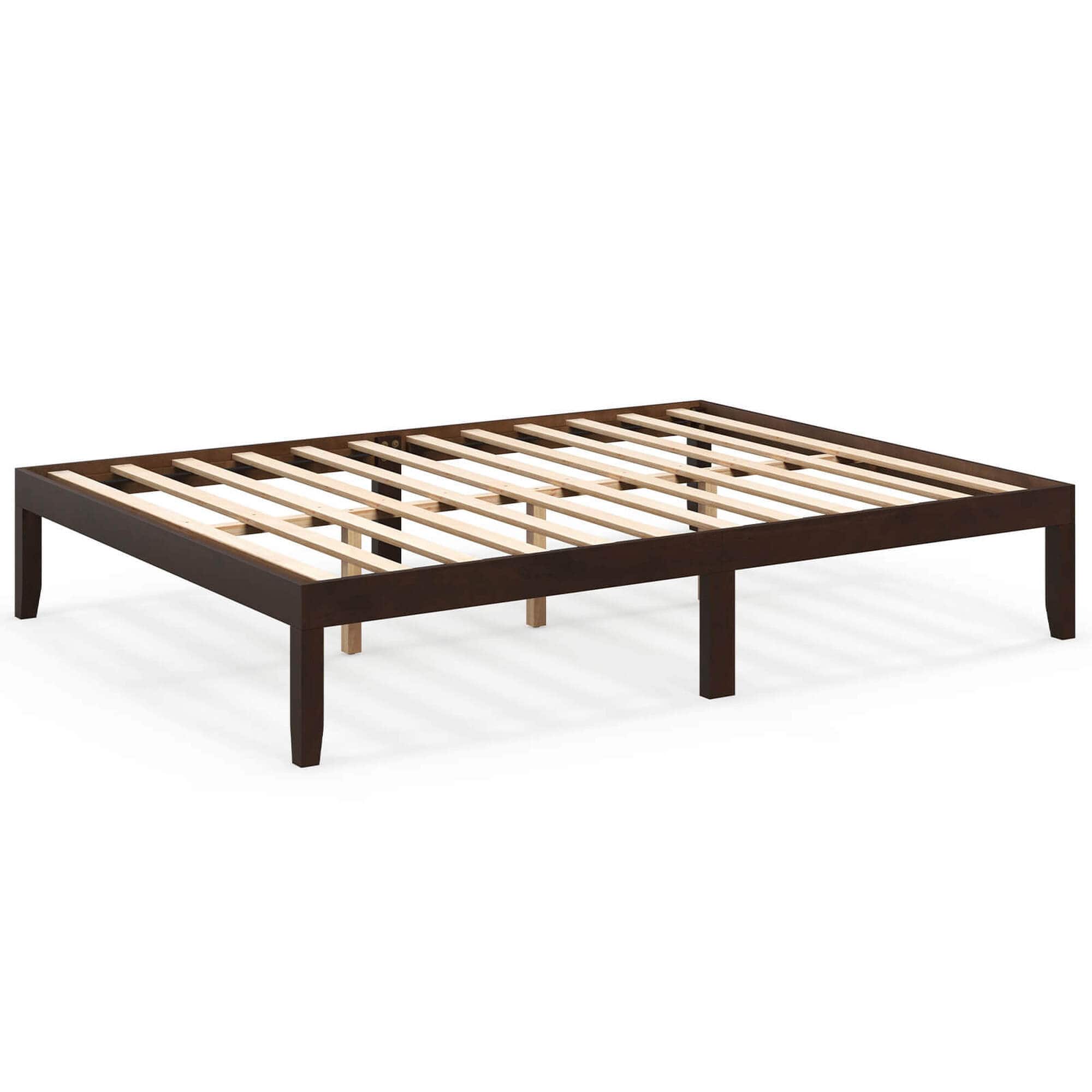 Front. Costway - Queen Size Wooden Platform Bed Frame 14" with Rubber Wood Legs Under-bed Storage - Brown.