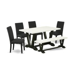 East West Furniture - V626DR124-6 6-Pc Kitchen and Dining Room Set- 4 Dining Room Chairs with Black Linen Fabric Seat and - Multi-Color