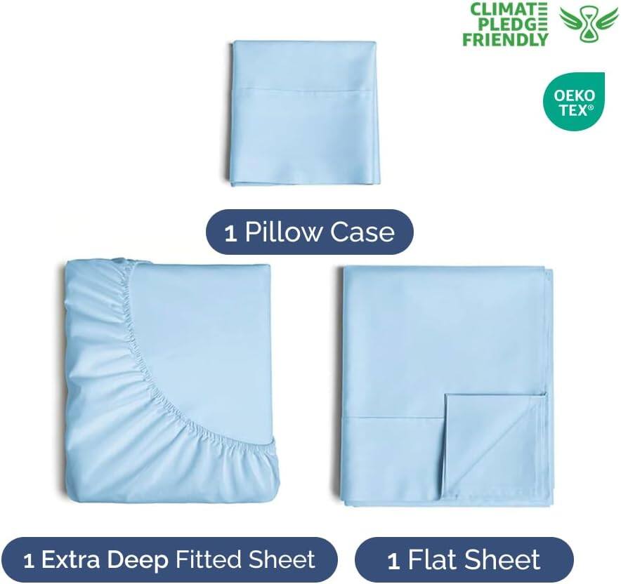 CLIMATE PLEDGE FRIENDLY  
KO TEX  
1 Pillow Case  
1 Extra Deep Fitted Sheet  
1 Flat Sheet