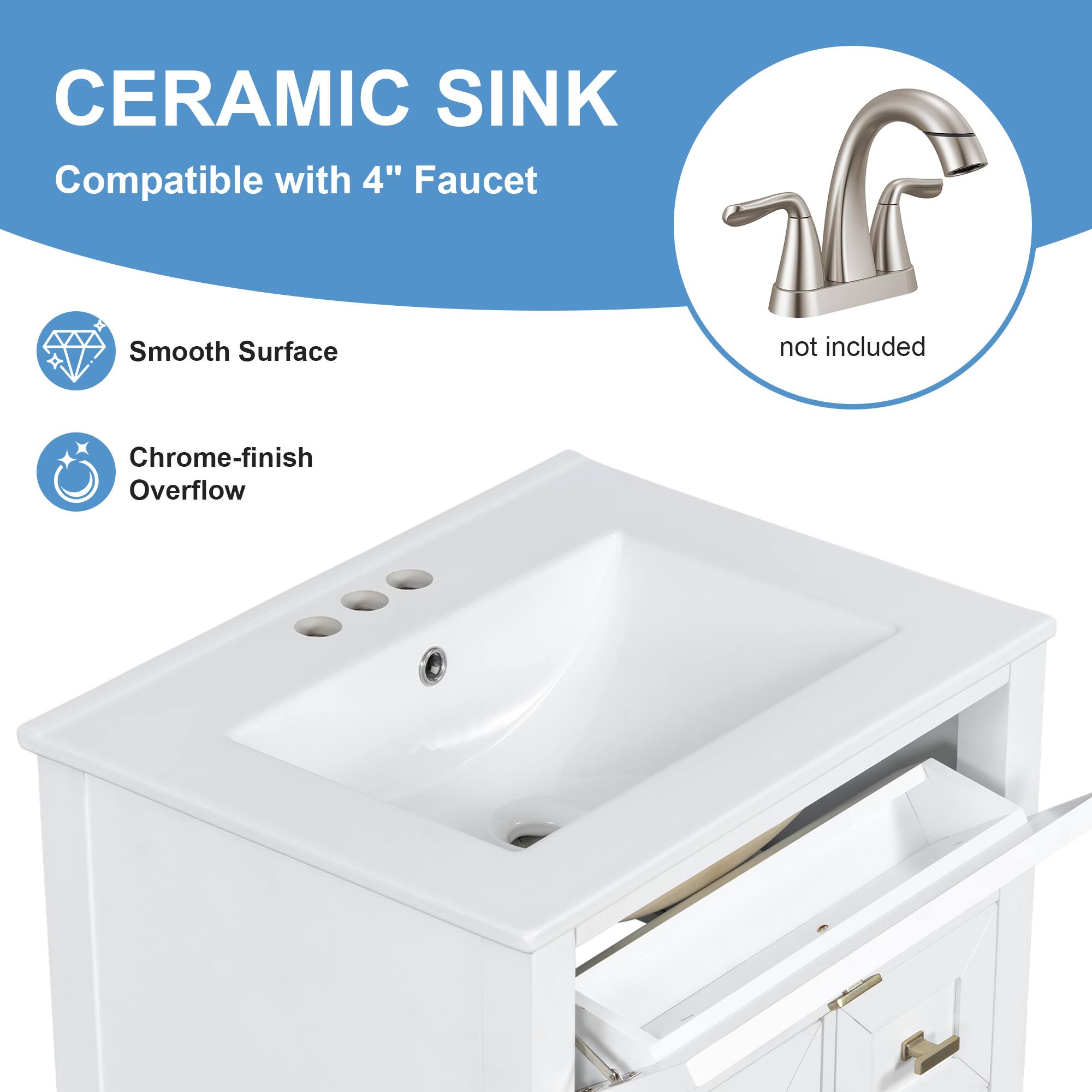 CERAMIC SINK  
Compatible with 4" Faucet  
Smooth Surface  
Chrome-finish Overflow  
not included