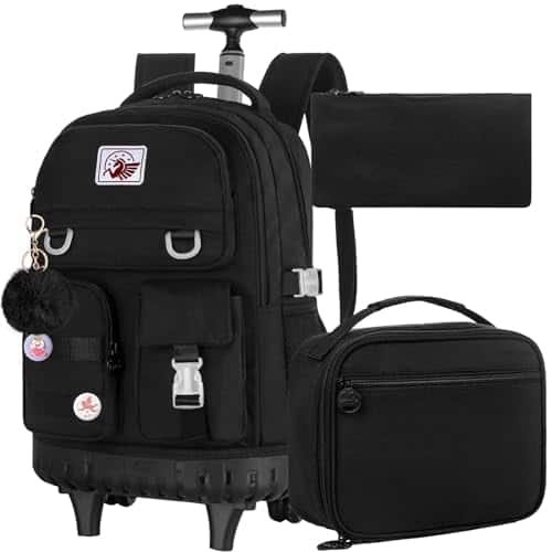 Live At Space - Rolling Backpack For Women 21 Inch Water Resistant Roller Wheels Backpacks Wheeled Bookbag With Lunch Bag Teen - Black