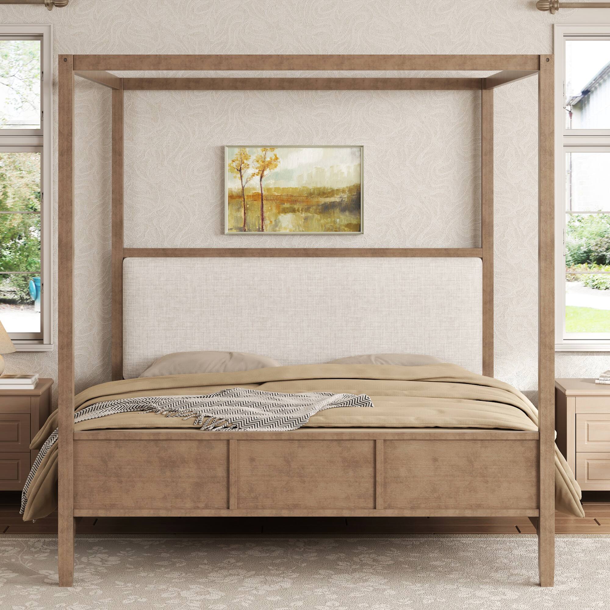 Angle. Whisen - Queen size Wooden Canopy Platform bed with Upholstery Headboard for Bedroom, No Box Spring Needed - Natural Walnut.