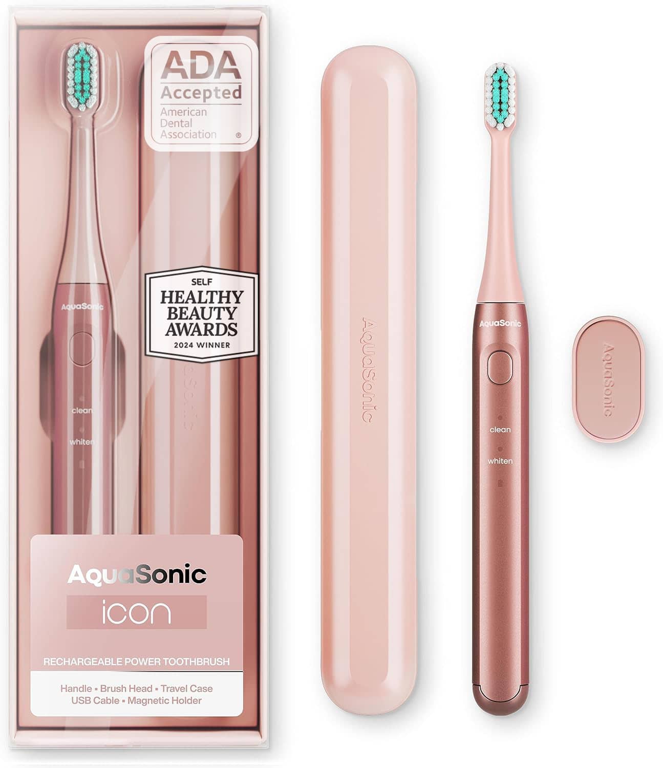 AquaSonic - Icon Rechargeable Electric Toothbrush - ADA Accepted, Magnetic Holder, Slim Travel Case, 2 Brushing Modes, Timer - Pink