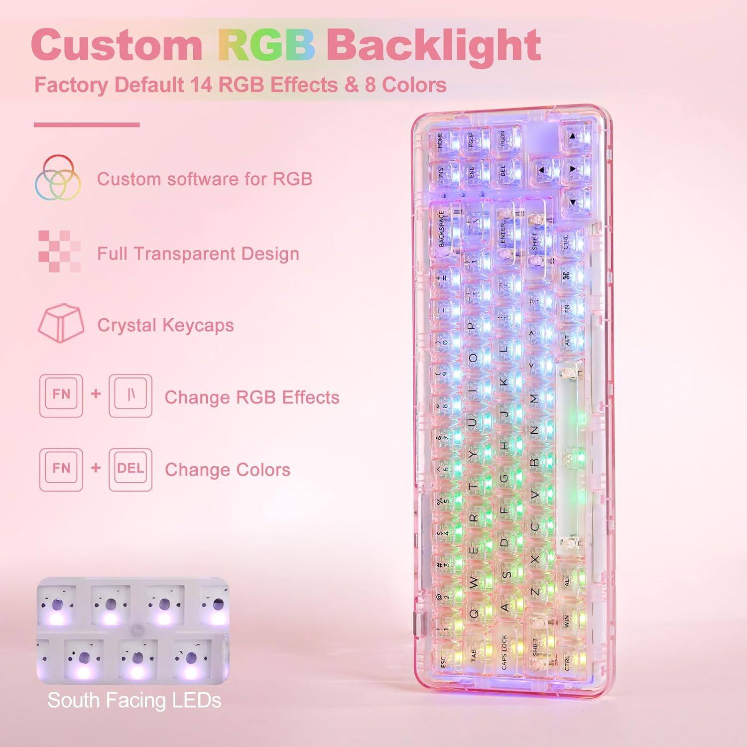 Custom RGB Backlight Factory Default 14 RGB Effects & 8 Colors. Custom software for RGB Full Transparent Design. Crystal Keycaps. Change RGB Effects: FN + CTRL. Change Colors: FN + DEL. South Facing LEDs.