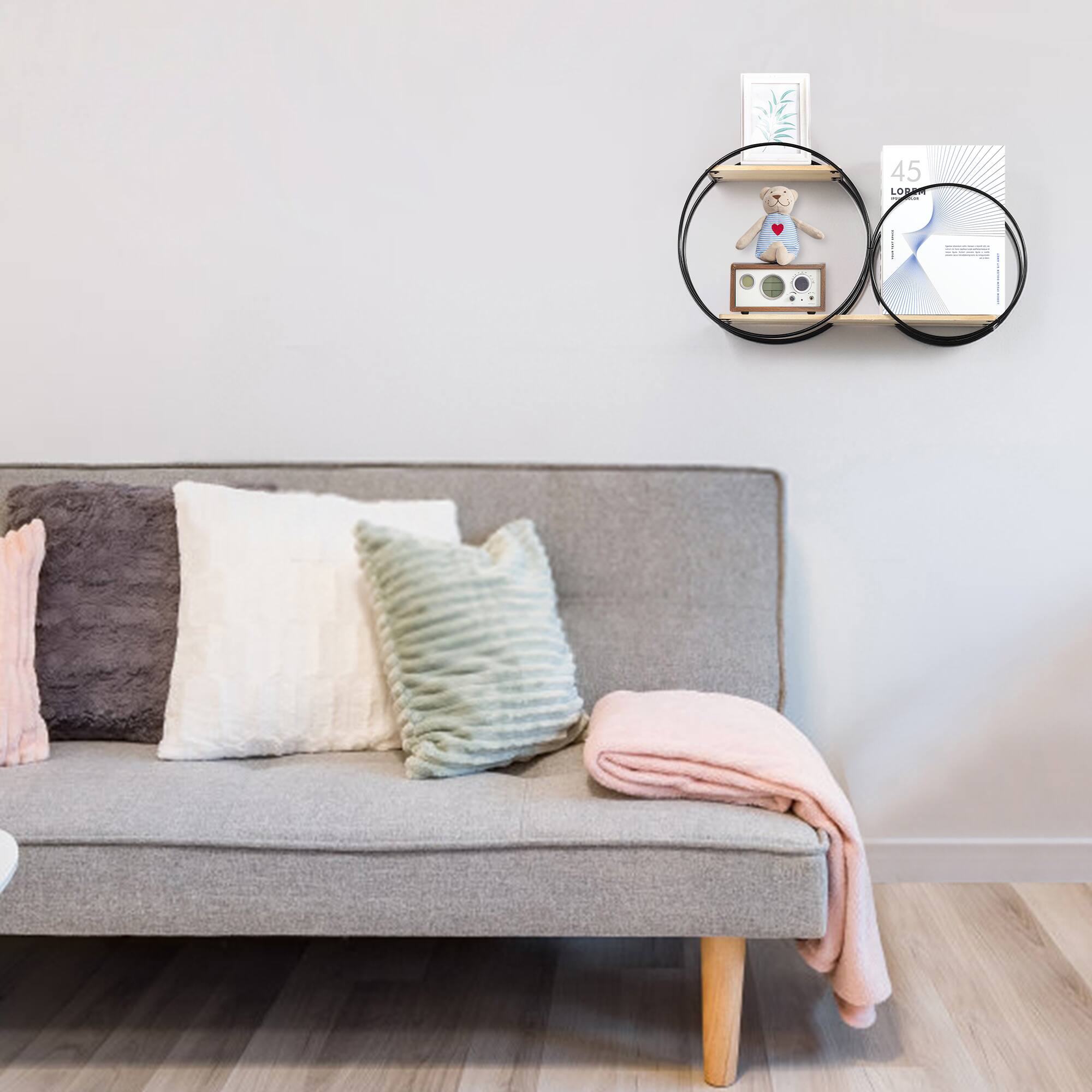 Back. Oumilen - Black Metal Circular Floating Wall Shelf with Natural Wood Boards - Black.