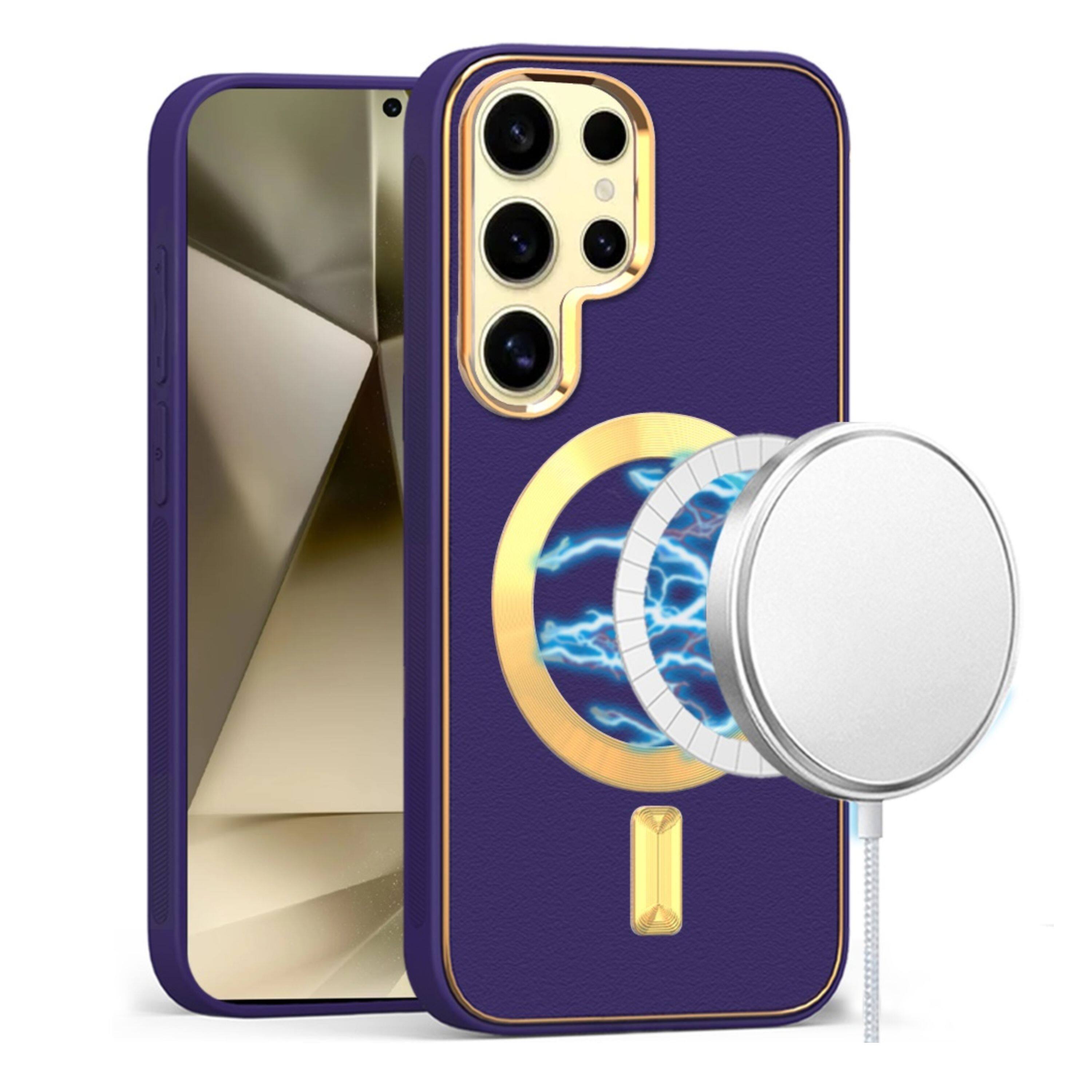 Angle. Kitcheniva - Vegan Leather Magnetic Charging Phone Case For Samsung Galaxy S24+ Plus Dark Purple - Dark Purple.