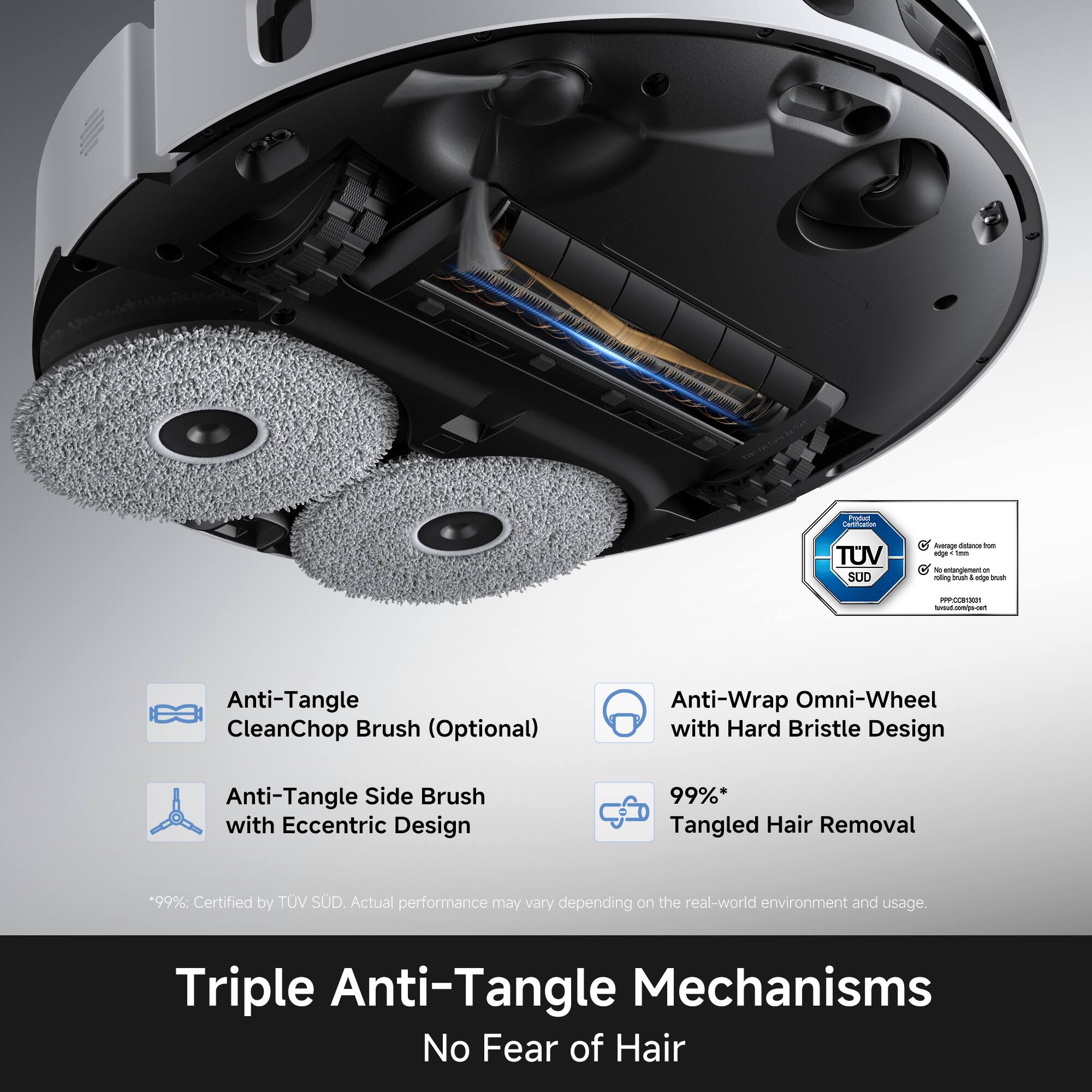 Anti-Tangle CleanChop Brush (Optional)  
Anti-Wrap Omni-Wheel with Hard Bristle Design  
Anti-Tangle Side Brush with Eccentric Design  
99%* Tangled Hair Removal  
*99%: Certified by TUV SUD. Actual performance may vary depending on the real-world environment and usage.  
Triple Anti-Tangle Mechanisms  
No Fear of Hair