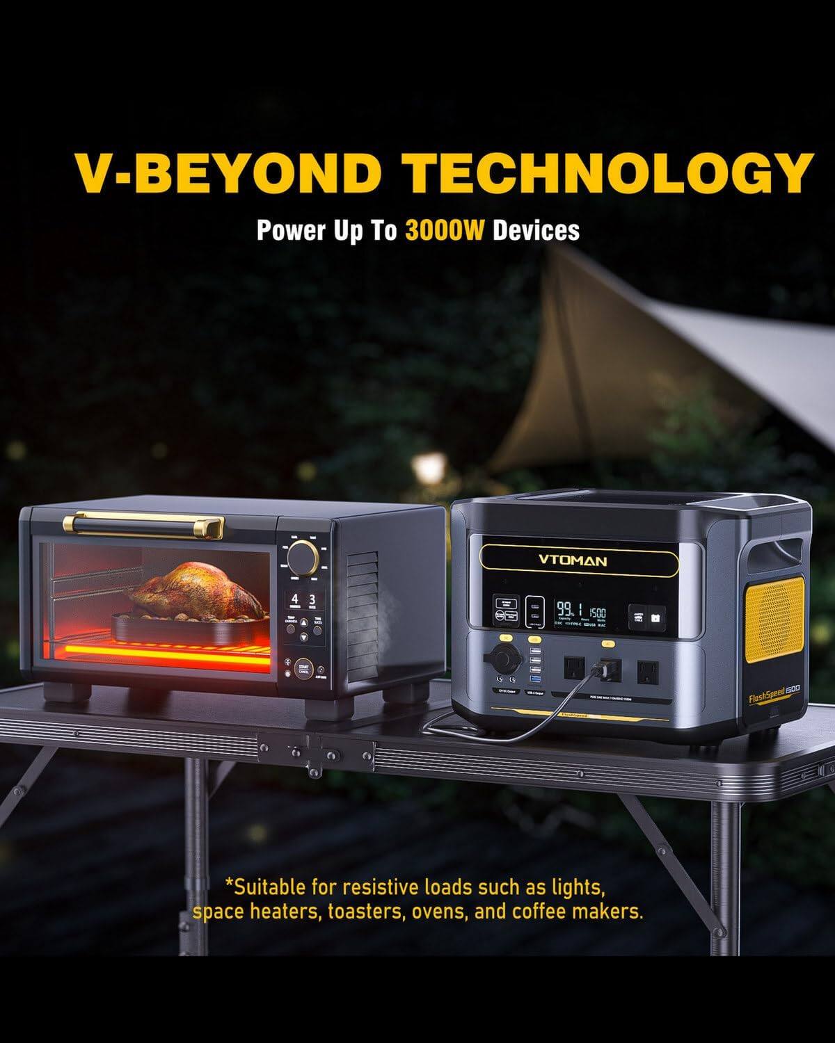 V-BEYOND TECHNOLOGY Power Up To 3000W Devices VTOMAN 4 3 8G 99. I 1500 - 600 FlushSoeed *Suitable for resistive loads such as lights, space heaters, toasters, ovens, and coffee makers.