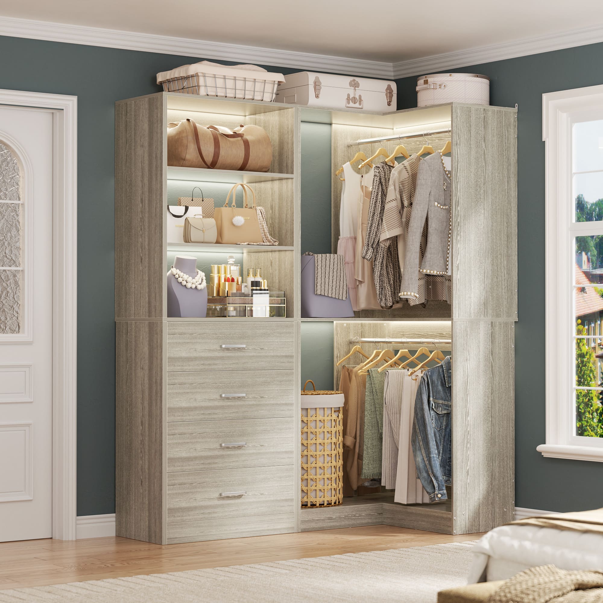 Aheaplus - 4.4FT Closet Organizer System 2-Piece Set with 4 Drawers, 2 Hanging Rods and Storage Shelves, 52.8'' L x 31.5'' W - Beige Oak price history on PriceWatchPro