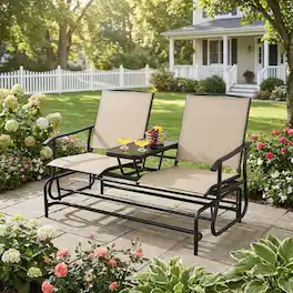 Pefilos - 2-Person Doube Rocking Loveseat with Mesh Fabric and Center Tempered Gass Tab - Beige