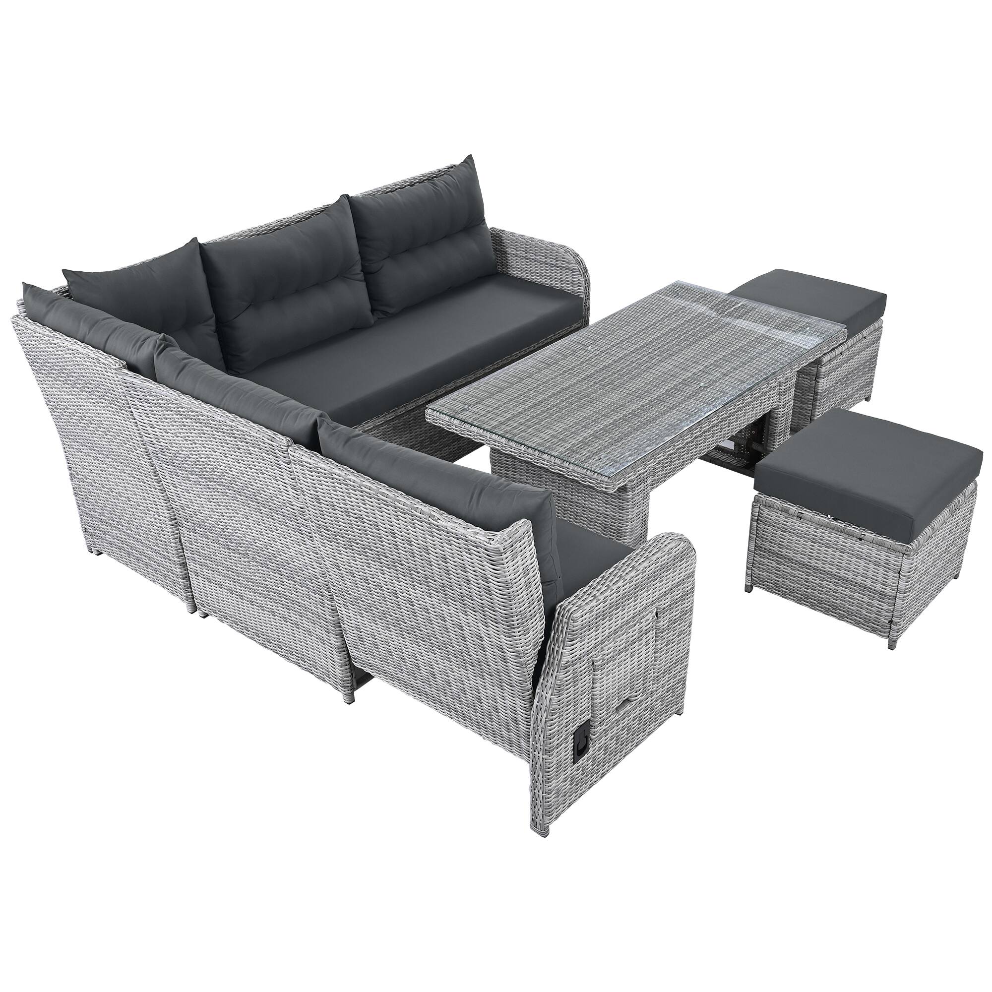 Back. Mondawe - Outdoor Rattan Furniture Set with an Adjustable Table, Recliners with Extendable Side Tables, and Two Ottomans - Grey.