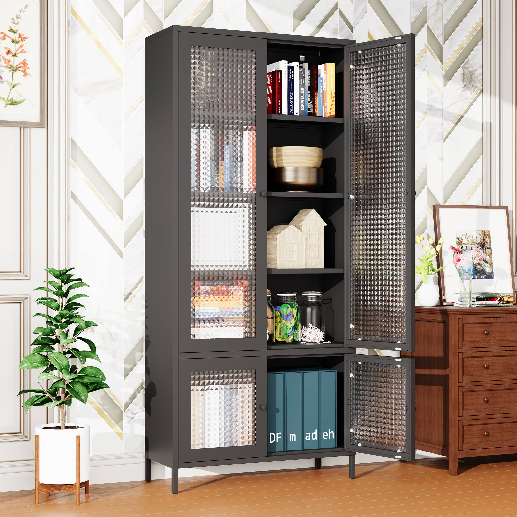 Angle. GOODSILO - Large Metal & Glass Display Cabinet - 4 Doors, 5 Shelves, Black - Black.