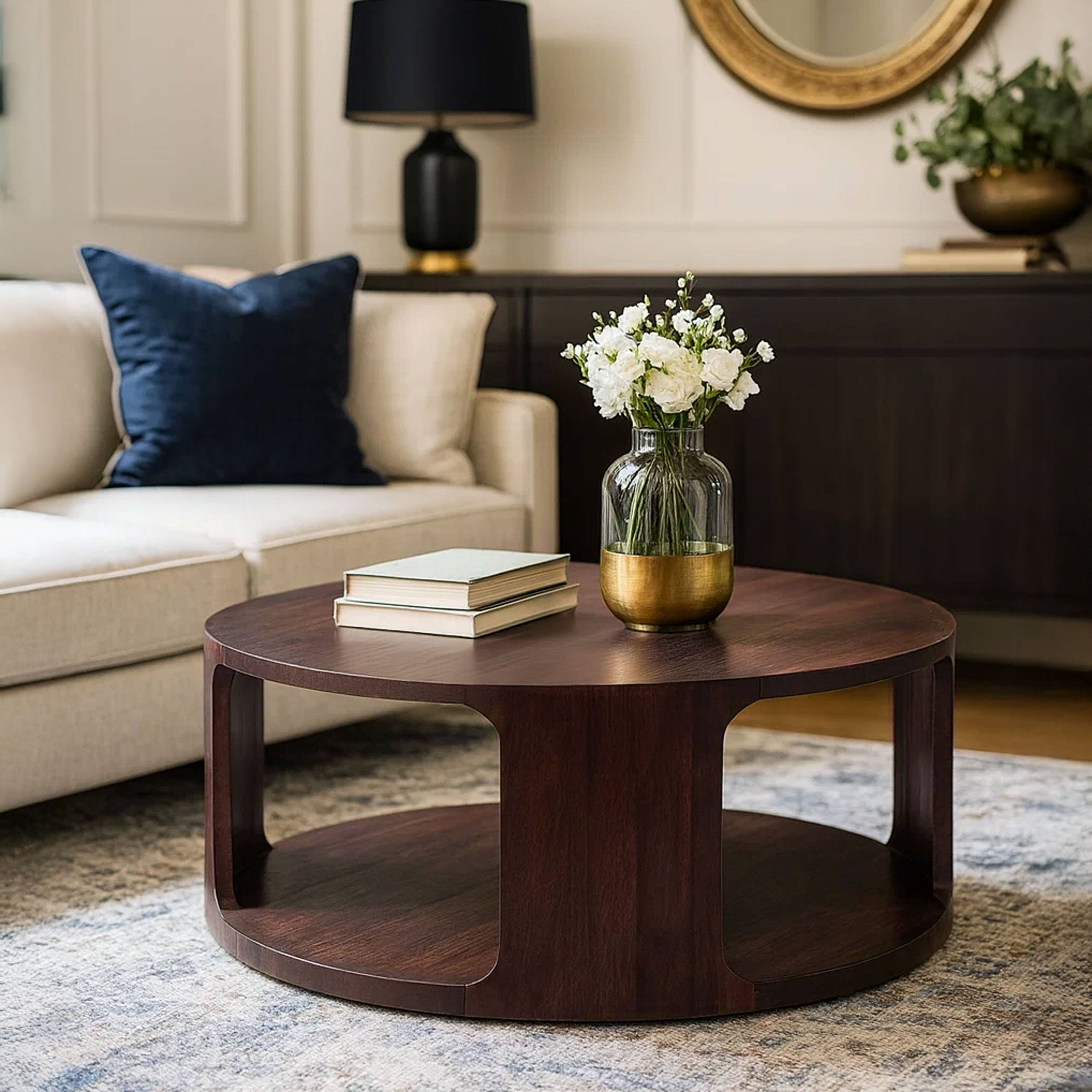 Alt View 6. Manhattan Lane - Bard Coffee Table, 38 Inch Round Top with Shelf, Walnut Brown Mango Wood Sculptural Frame - Brown.