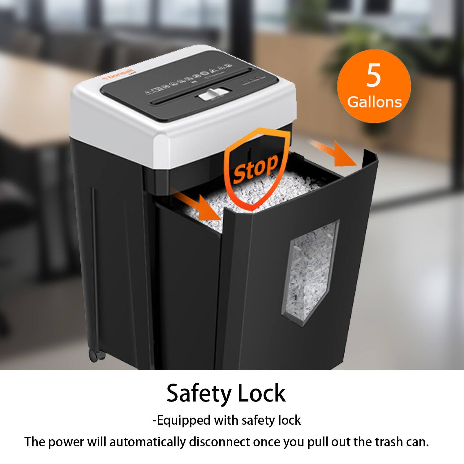 bonsali  
5 Gallons  
Stop  
Safety Lock - Equipped with safety lock. The power will automatically disconnect once you pull out the trash can.