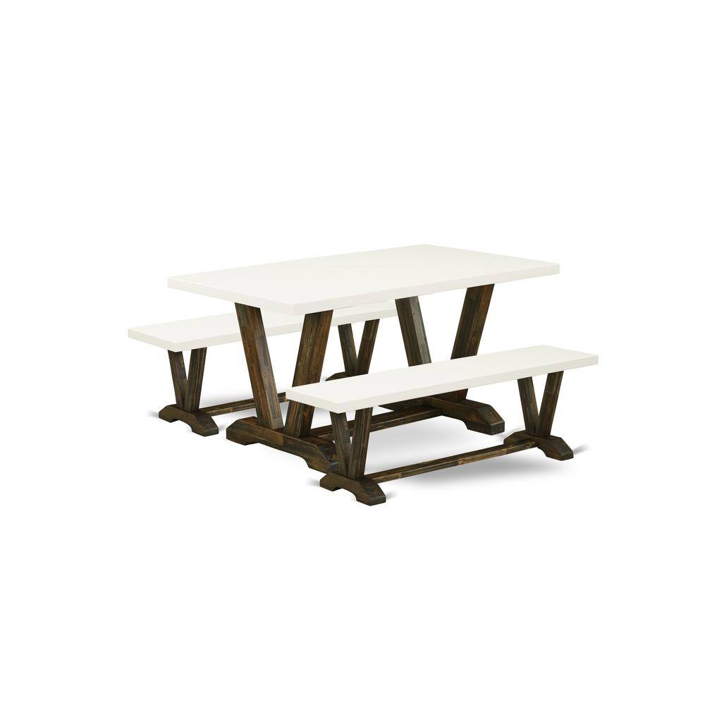 Angle. East West Furniture - East West Furniture V2-726 3 Piece Dining Room Table Set - 1 Linen White Dining Table and 2 Wood Benches - Reliable and - Multi-Color.