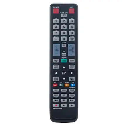 POWER OFF SOURCE
1 GHI 4 PRS 7 DEL +- - + VOL ABC DEF 2 3 JKL MNO 5 6 TUV WXY 8 9 SYMBOL ENTER PRE-CH 0 e MUTE F CH/P DO 1 CHLIST Magicinfo Lite MENU 111 LD GUIDE TOOLS 34 INFO I 11 C RETURN EXIT C PC A DVI B HDMI C OP D TTX/MIX MDC LOCK C Magicinfo 30 1-11 MITS/DUAL |44 AA59-00555A