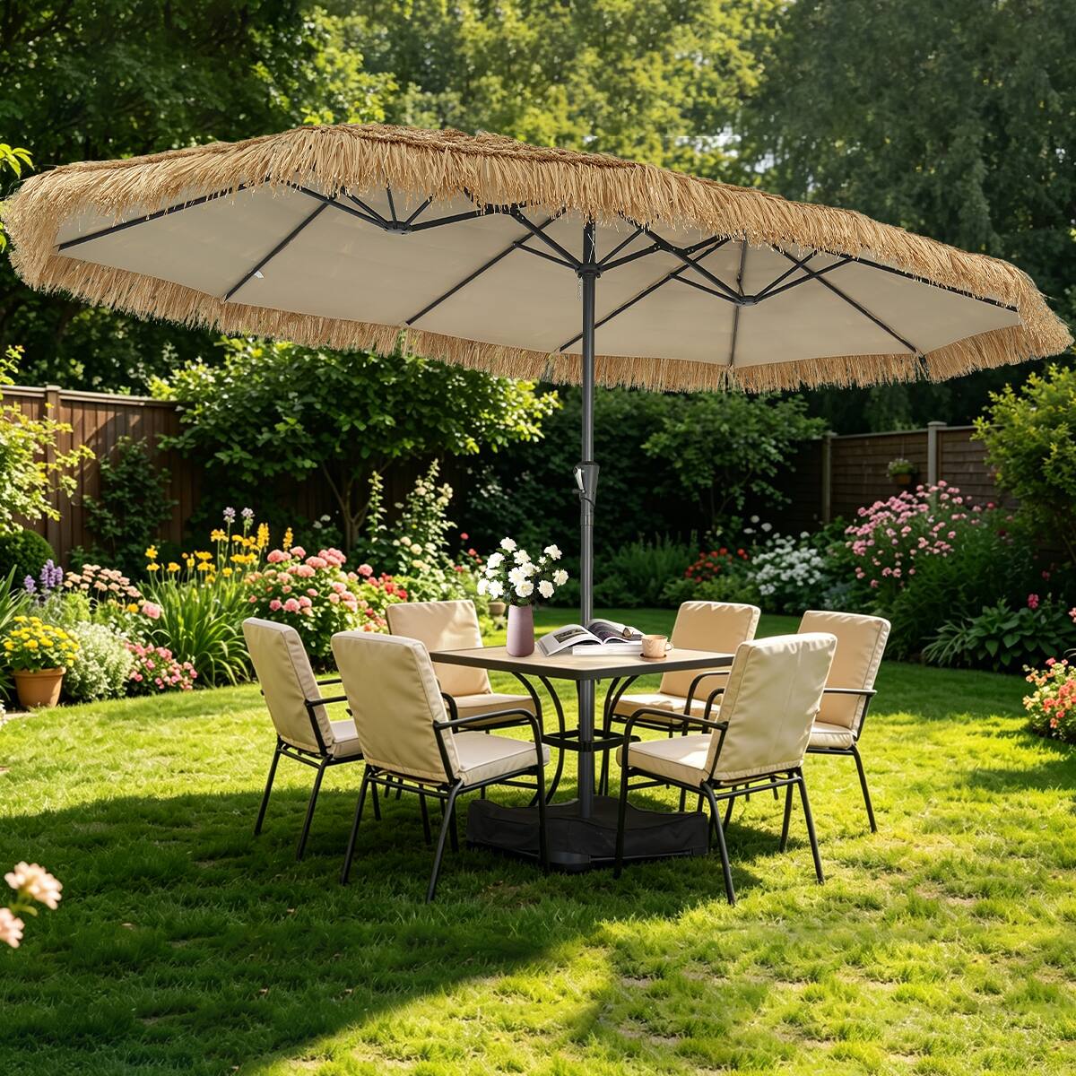 Angle. Ainfox - Ainfox 15FT Tiki Patio Umbrella Outdoor Market Umbrella with Base & Crank for Garden Lawn Backyard Pool - Yellow.