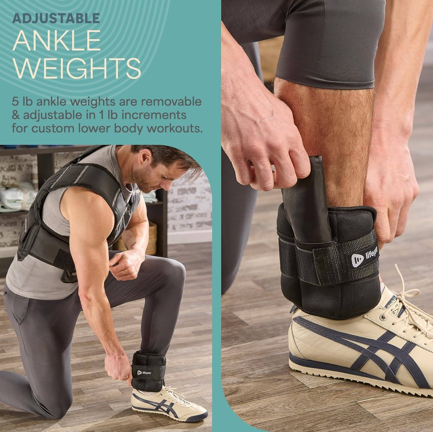 ADJUSTABLE ANKLE WEIGHTS

5 lb ankle weights are removable & adjustable in 1 lb increments for custom lower body workouts.