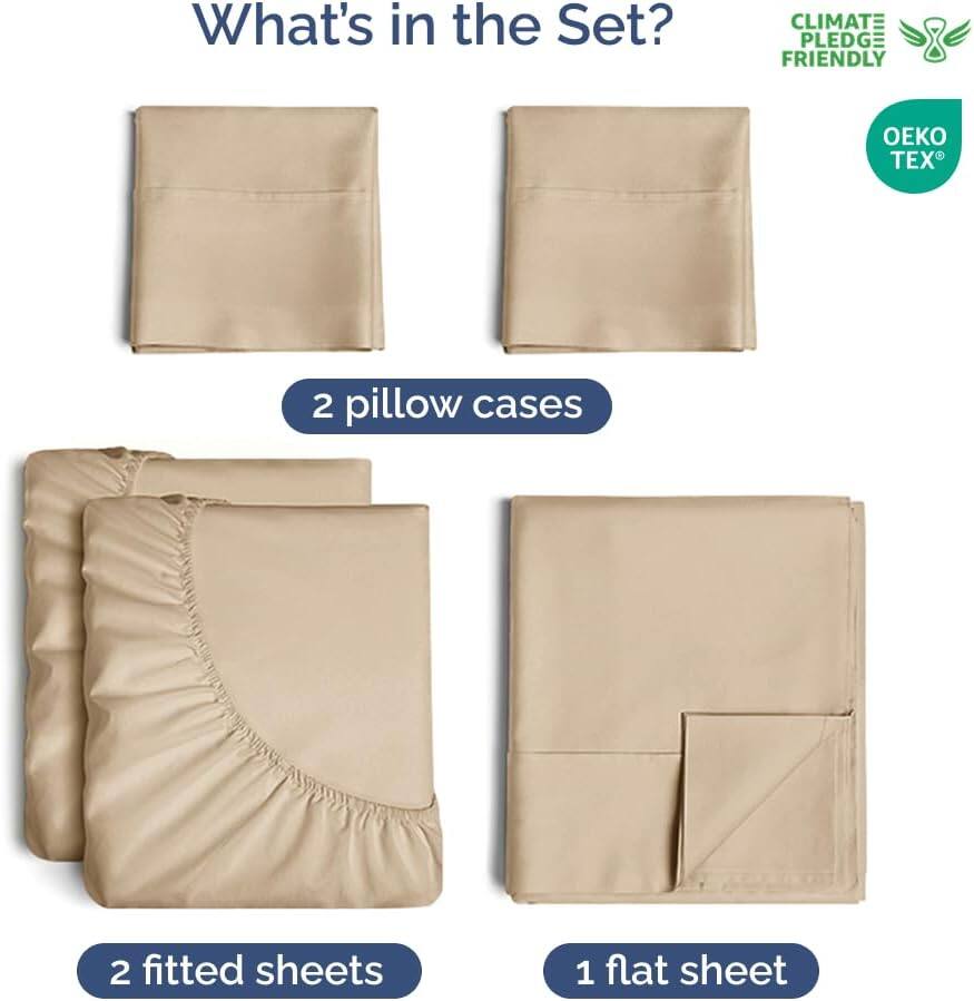 What's in the Set?  
CLIMATE PLEDGE FRIENDLY  
OEKO TEX  

2 pillow cases  
2 fitted sheets  
1 flat sheet