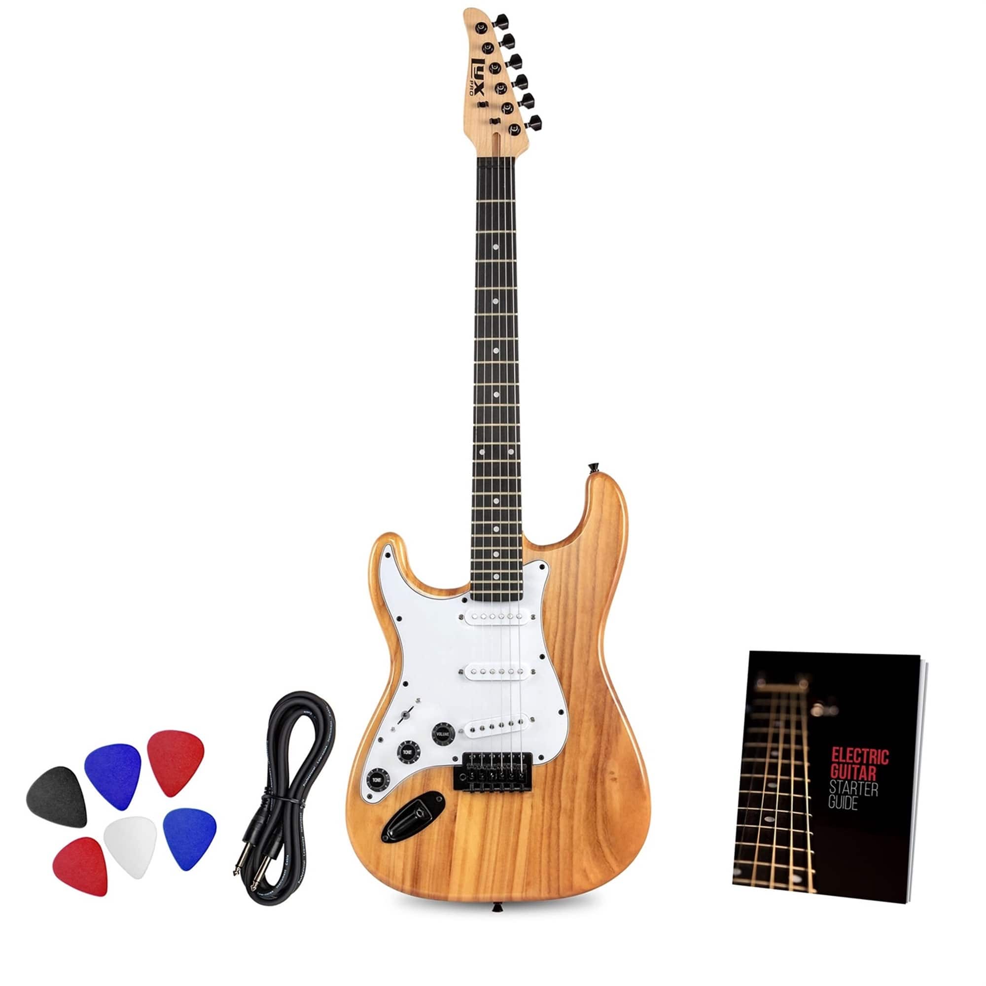 Lyxpro - CS 39” Left Handed Electric Guitar Kit for Beginner W/Amp Cable, 6 Picks & Guide - Natural
