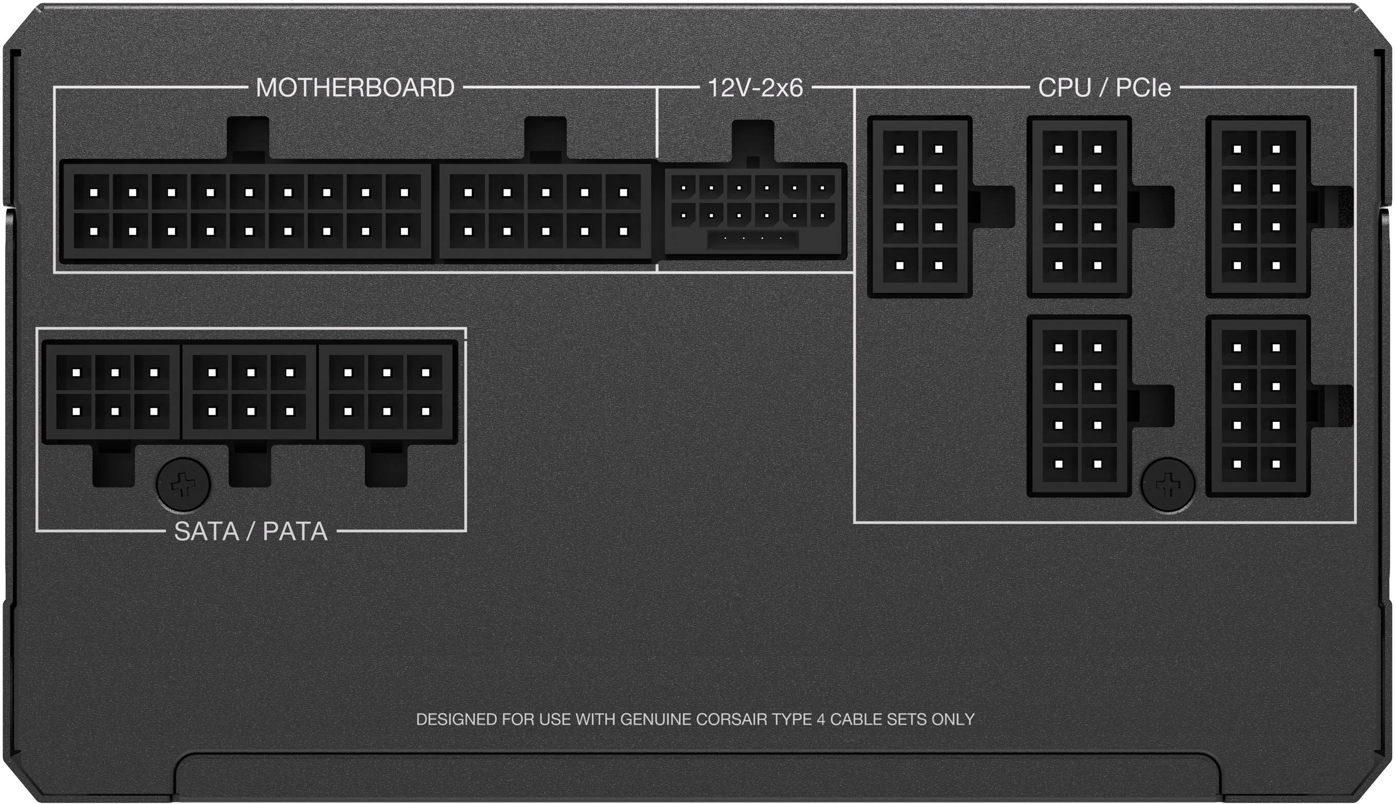 The text on the image reads: "MOTHERBOARD 12V-2x6 CPU PU/ PCle / SATA/PATA / PATA DESIGNED FOR USE WITH GENUINE CORSAIR TYPE 4 CABLE SETS ONLY."