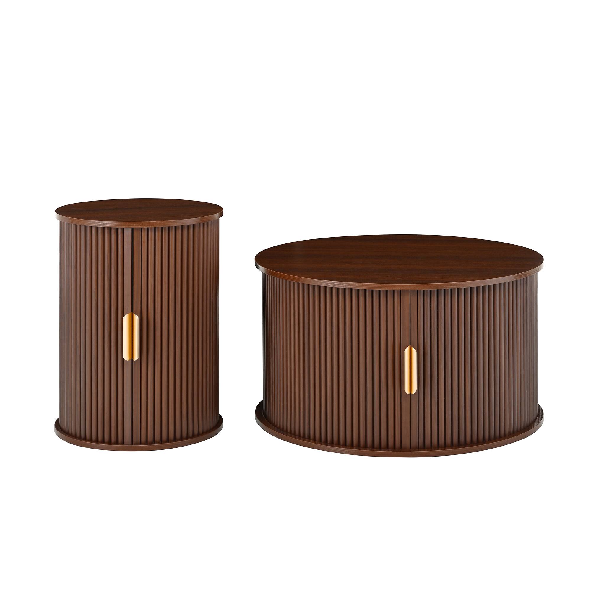 Alt View 5. Tiramisubest - Mid-Century Coffee & Side Table Set of 2 with Tambour Door,Fluted Design,Golden Handle Tall & Low Side Table,Walnut - Walnut.