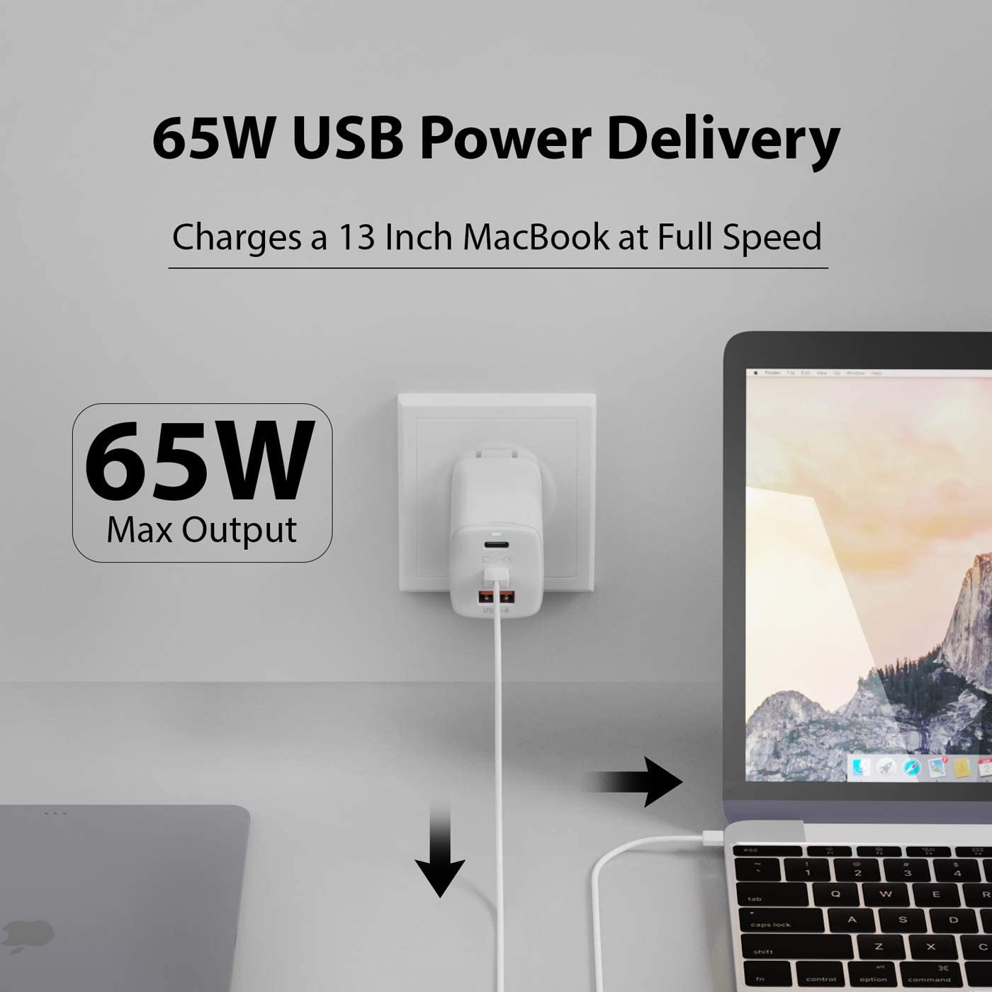 65W USB Power Delivery  
Charges a 13 Inch MacBook at Full Speed  

65W Max Output