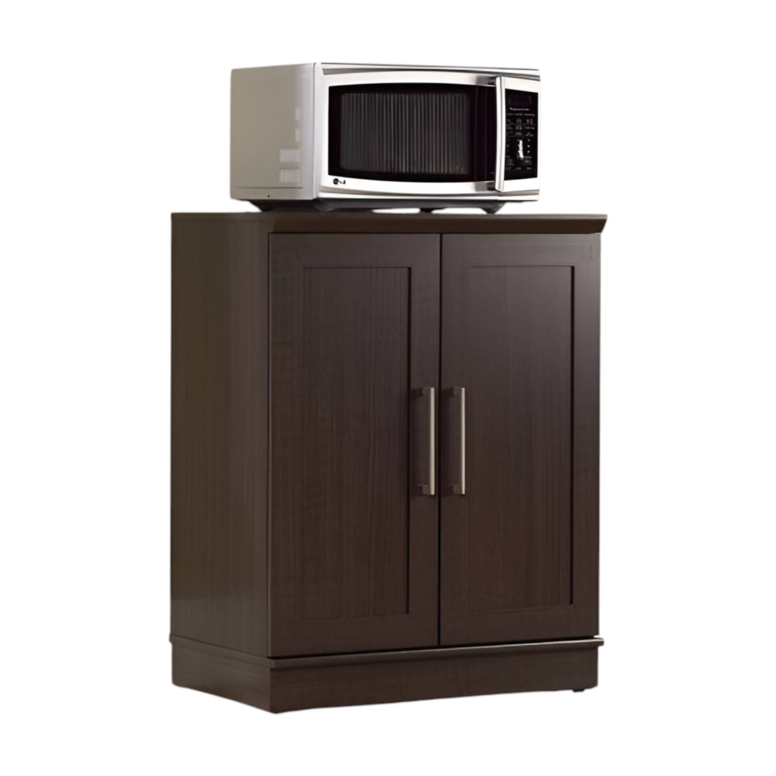 Front. SlickBlue - Compact Kitchen Microwave Cabinet with Storage Shelves - Dark Oak.