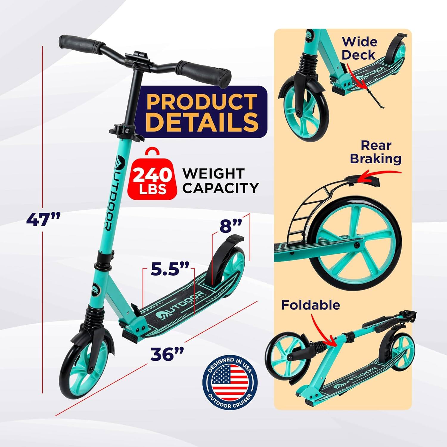**PRODUCT DETAILS**

- **47" Wide Deck**
- **Rear Braking**
- **240 LBS WEIGHT CAPACITY**
- **8"**
- **5.5"**
- **36"**
- **Foldable**
- **DESIGNED IN USA**

**OUTDOOR CRUISER**