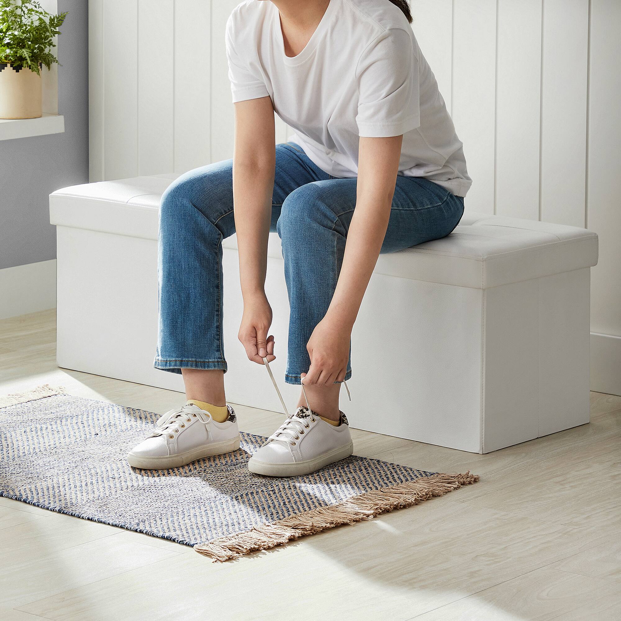 Alt View 1. Songmics Home - 43 Inches Folding Storage Ottoman Bench with Flipping Lid, Storage Chest Footrest Padded Seat with Iron Frame Support - White.