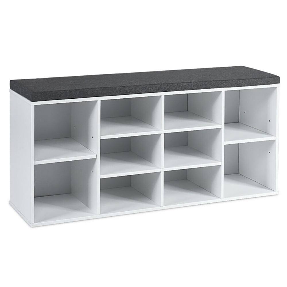 Left. Kadyn - 10-Cube Organizer Shoe Storage Bench with Cushion for Entryway-White, Space-Saving Shoe Rack Organizer for Entryway - White.