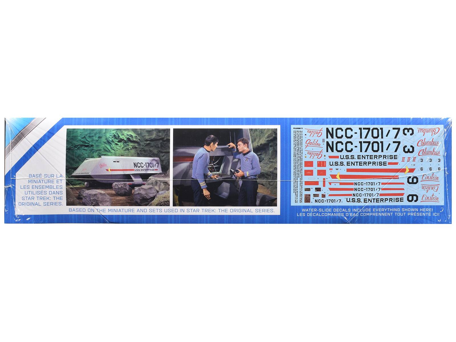 NCC-1701/7  
U.S.S. ENTERPRISE  
BASED ON THE MINIATURE AND SETS USED IN STAR TREK: THE ORIGINAL SERIES.  
BASE SUR LA MINIATURE ET LES ENSEMBLES UTILISÉS DANS STAR TREK: THE ORIGINAL SERIES.  

Galileo  
Columbus  
Einstein  

WATER-SLIDE DECALS INCLUDE EVERYTHING SHOWN HERE!  
LES DECALCOMANIES D'EAU COMPRENNENT TOUT PRÉSENTÉ ICI!