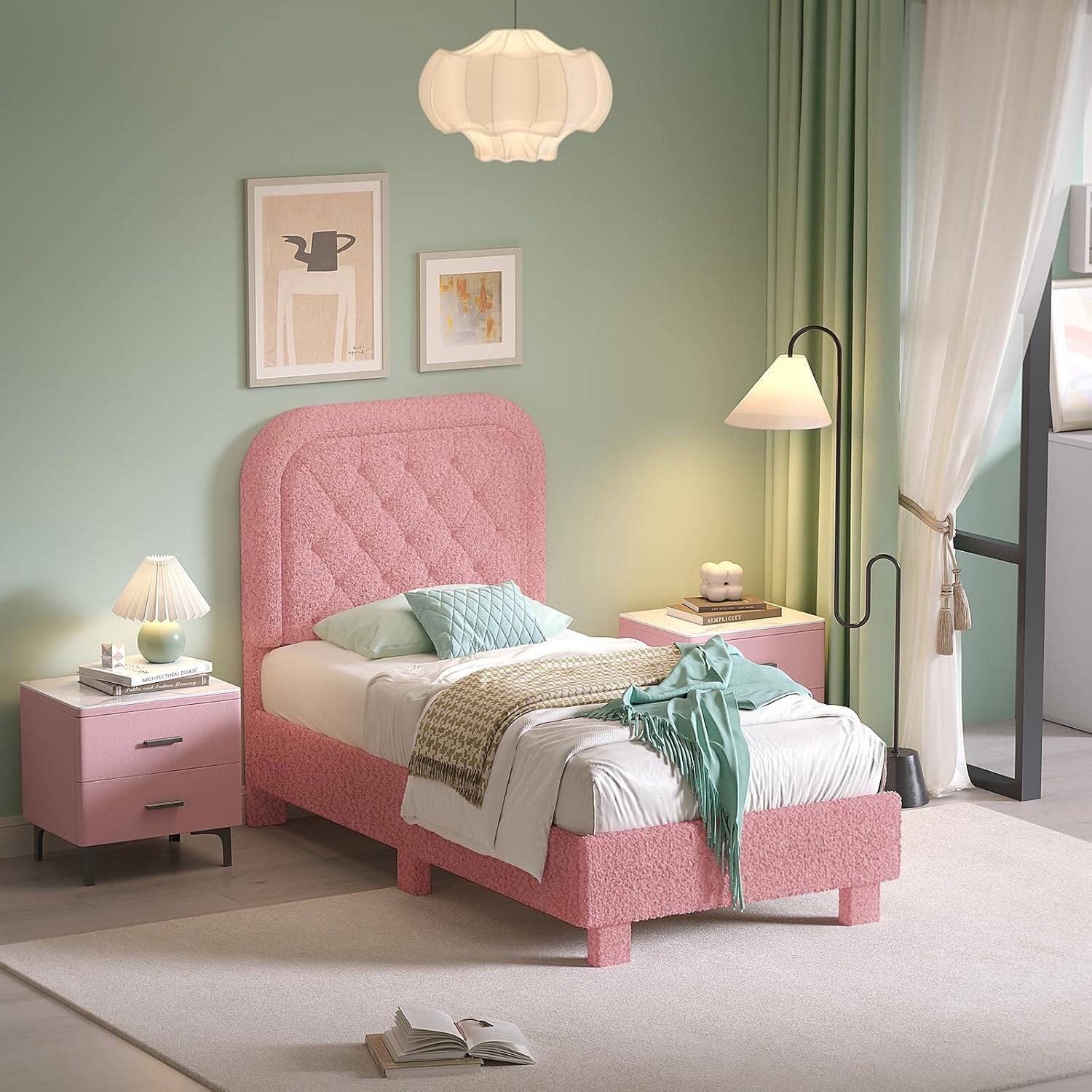 Alt View 7. Winado - Bed Frame with Headboard,Cozy Soft Platform Bed with Wooden Slats Support Cream Modern Style,Noise Free,Rounded Corners - Twin-Pink.