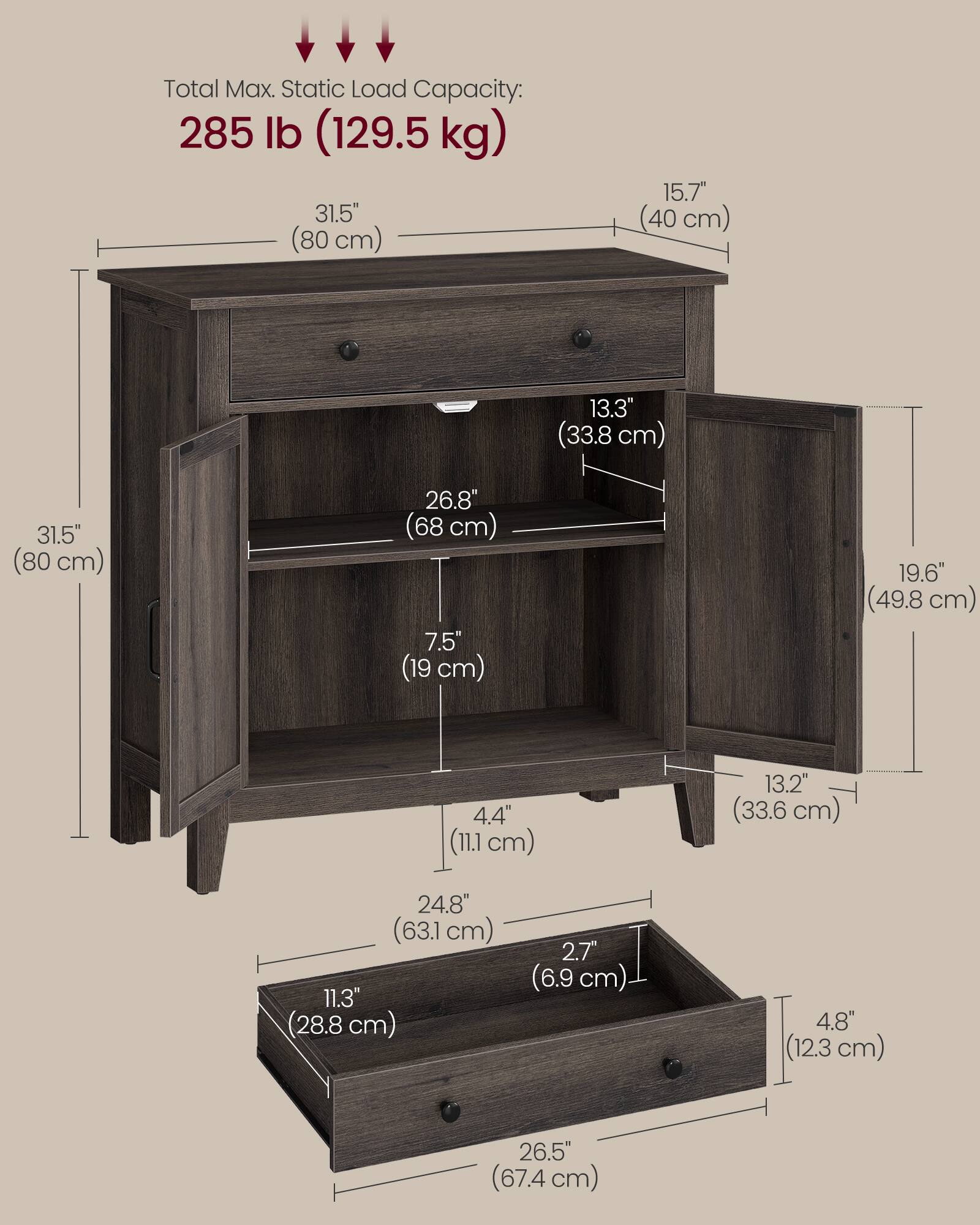 Total Max. Static Load Capacity: 285 lb (129.5 kg)

31.5" (80 cm)  
15.7" (40 cm)  
13.3" (33.8 cm)  
31.5" (80 cm)  
26.8" (68 cm)  
7.5" (19 cm)  
19.6" (49.8 cm)  
4.4" (11.1 cm)  
13.2" (33.6 cm)  
24.8" (63.1 cm)  
11.3" (28.8 cm)  
2.7" (6.9 cm)  
4.8" (12.3 cm)  
26.5" (67.4 cm)
