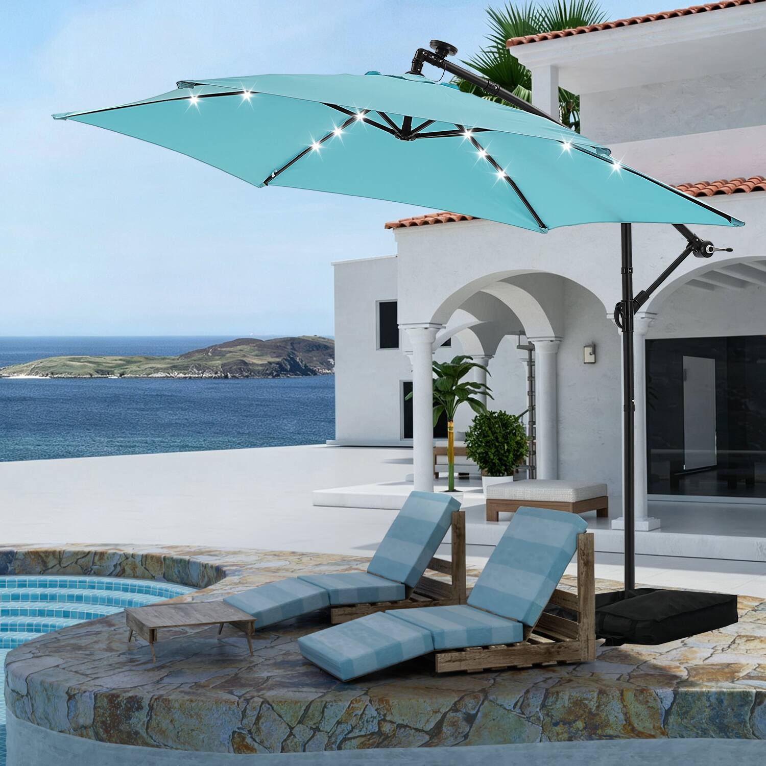 Back. Ainfox - Ainfox 10FT Outdoor Patio Cantilever Umbrella Hanging Offset with Cross Base  Sand Bags & 24 LED Solar Lights - Blue.