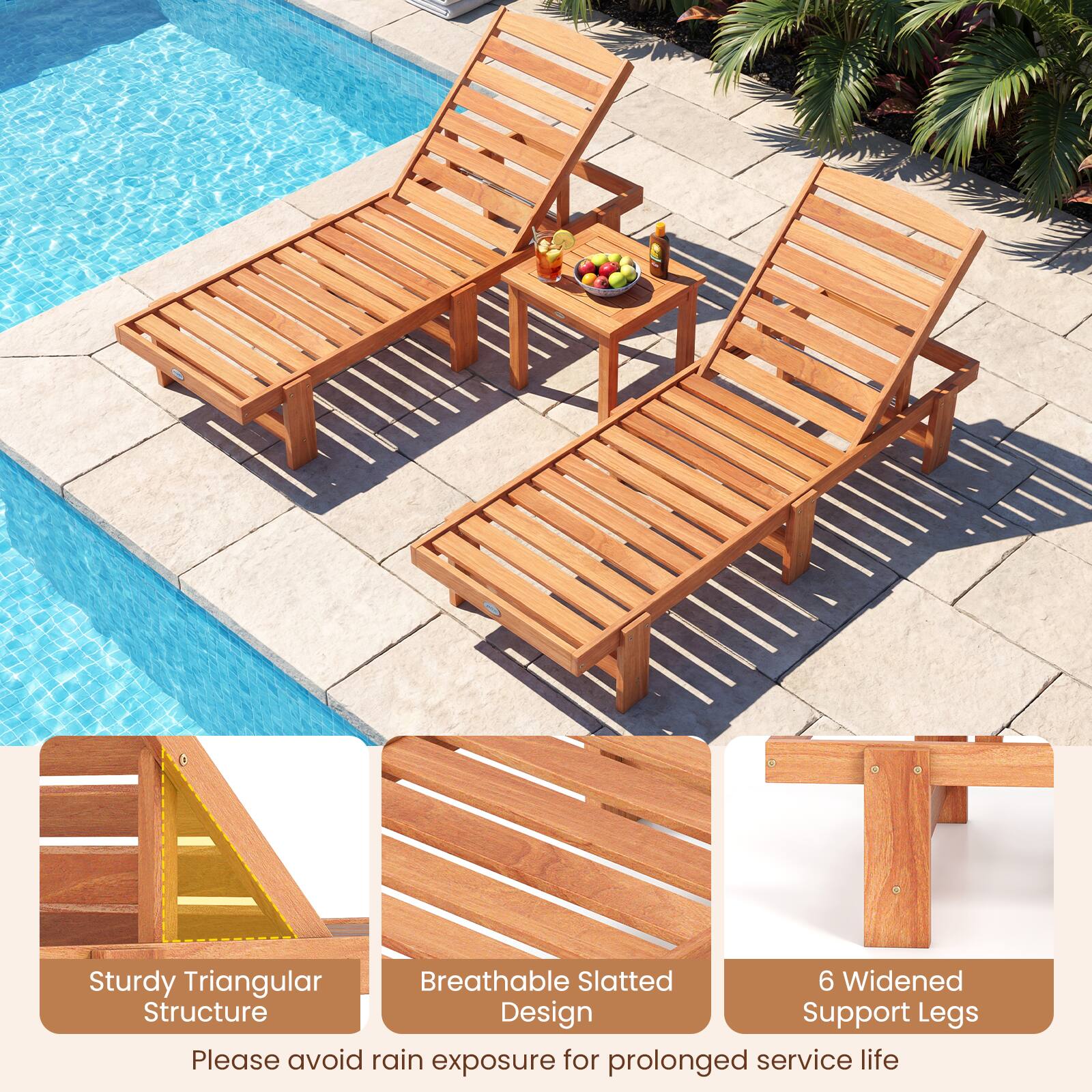 Sturdy Triangular Structure  
Breathable Slatted Design  
6 Widened Support Legs  

Please avoid rain exposure for prolonged service life