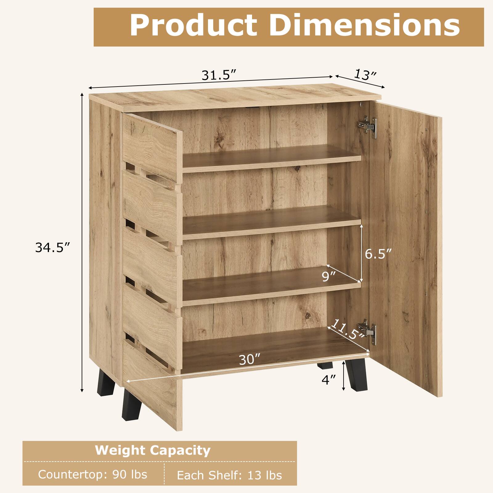 Product Dimensions:  
31.5" x 13" x 34.5" x 6.5" x 9" x 30" x 11.5" x 4"  

Weight Capacity:  
Countertop: 90 lbs  
Each Shelf: 13 lbs