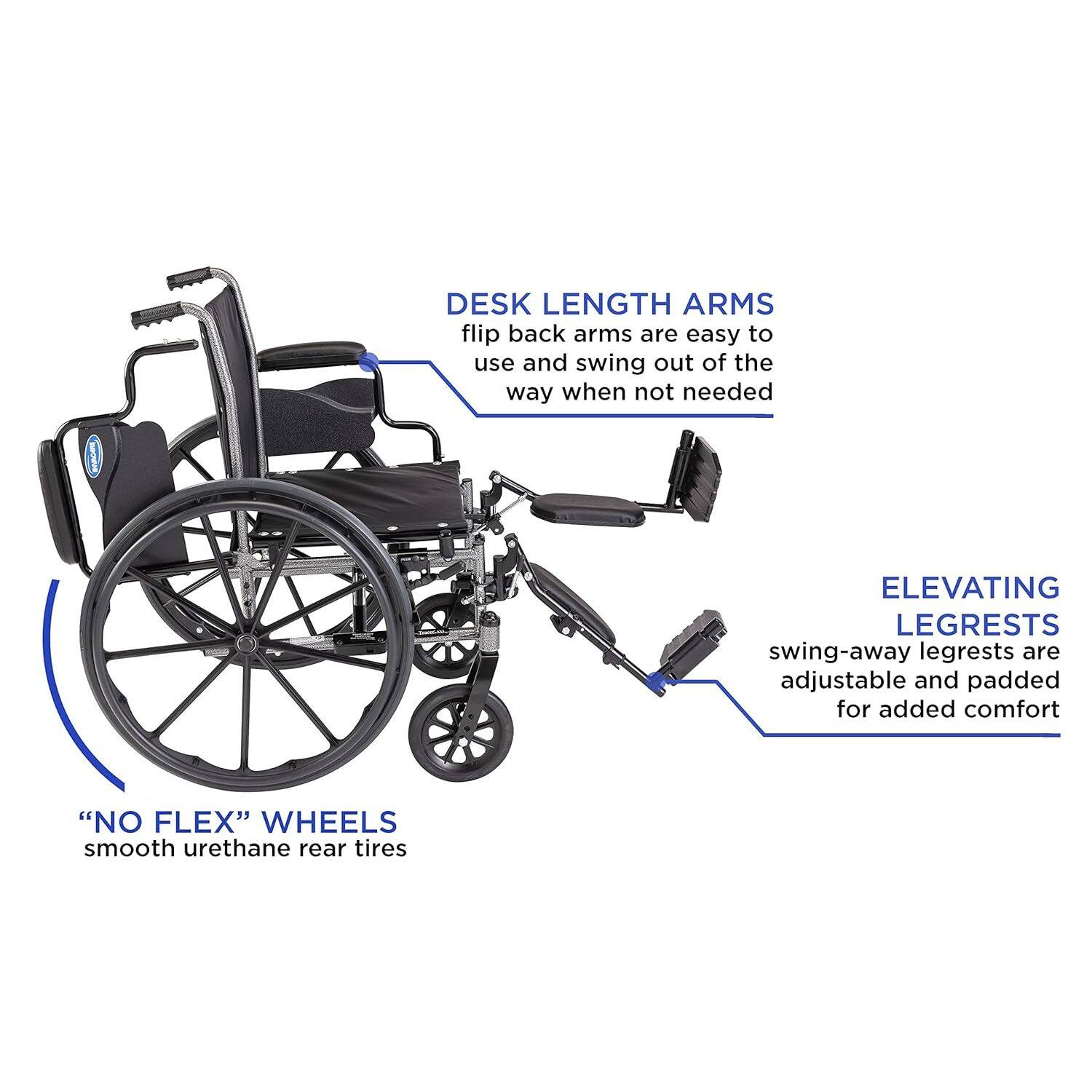 DESK LENGTH ARMS  
flip back arms are easy to use and swing out of the way when not needed

ELEVATING LEGRESTS  
swing-away legrests are adjustable and padded for added comfort

"NO FLEX" WHEELS  
smooth urethane rear tires