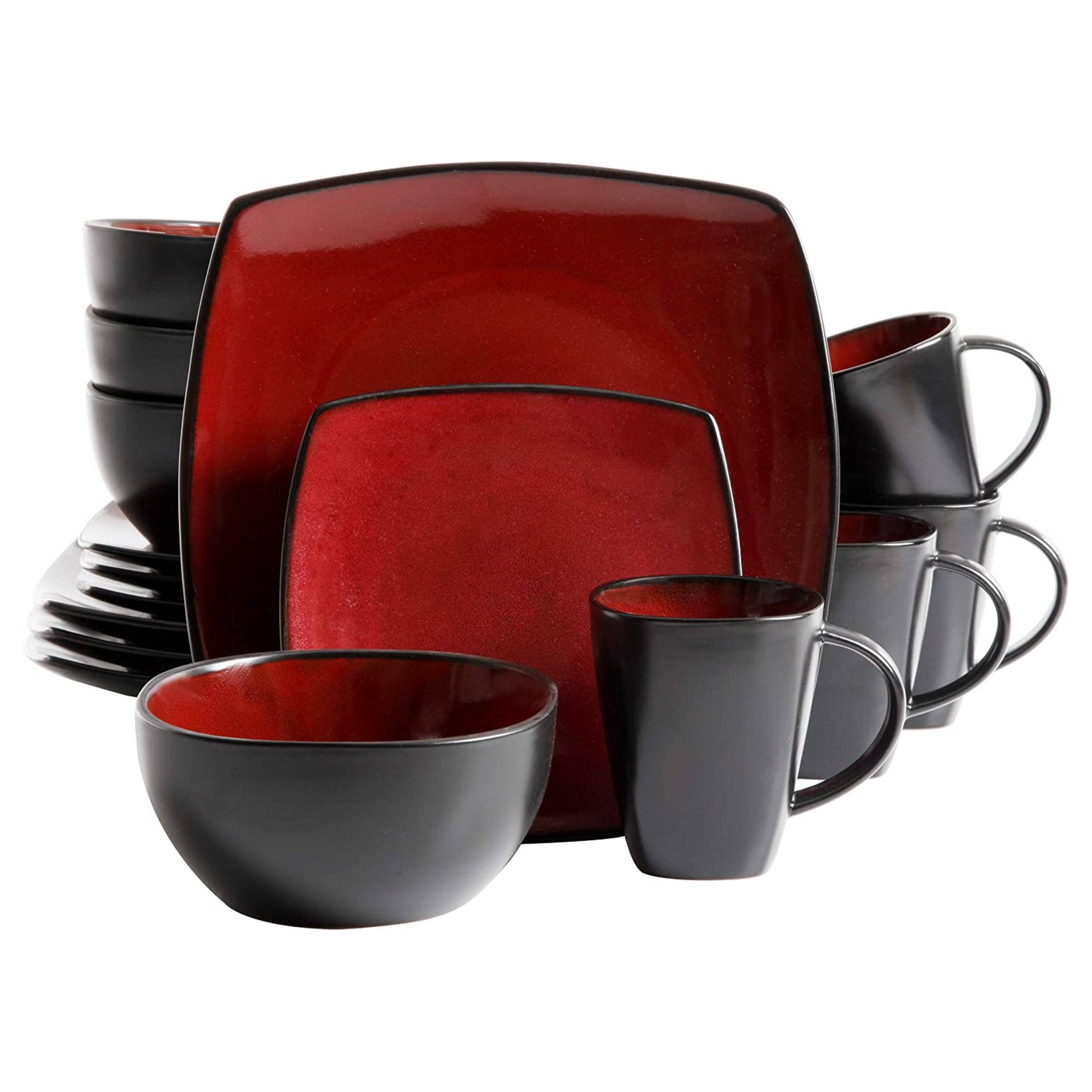 Alt View 5. Gibson - Gibson Soho Lounge 16 Piece Square Stoneware Dinnerware Set in Red and Black - Red.
