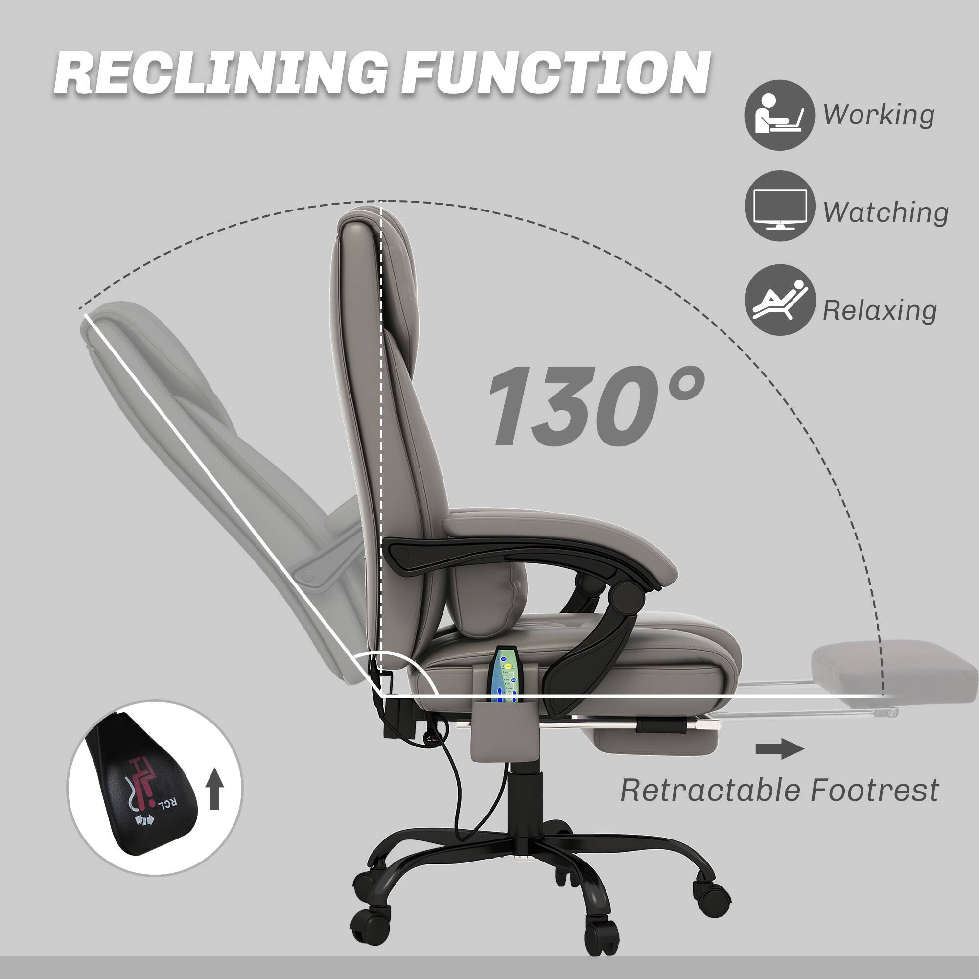 RECLINING FUNCTION, Working, Watching, Relaxing, 130°, Retractable Footrest