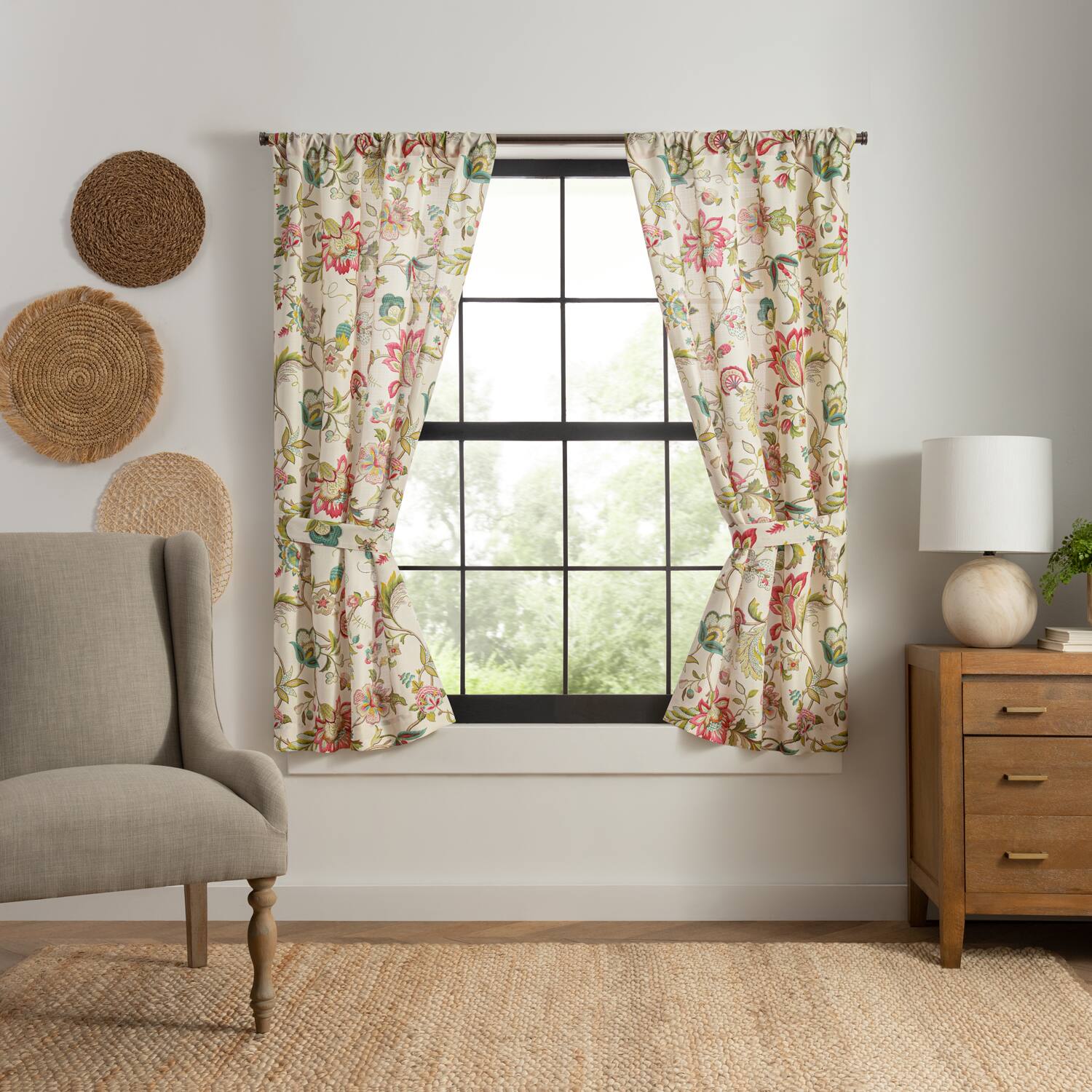Angle. Ellis Curtain - ELLIS 100% Polyester Brissac Rod Pocket Tailored Grapevine and Check Pattern Pair 70" x 63" Red - Red.