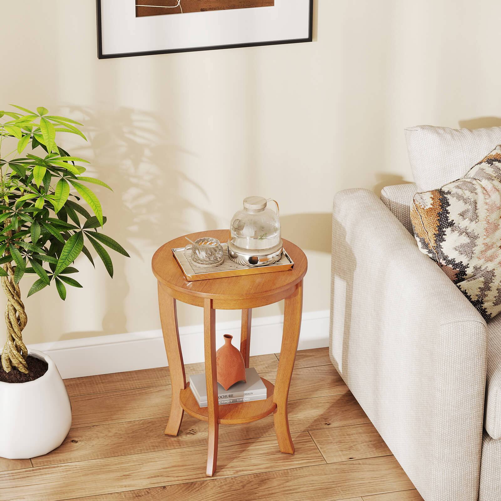 Alt View 1. Costway - Costway 2 PCS 2-Tier End Table 18" Round Compact Sofa Side Nightstand with Storage Shelf Walnut - Walnut.