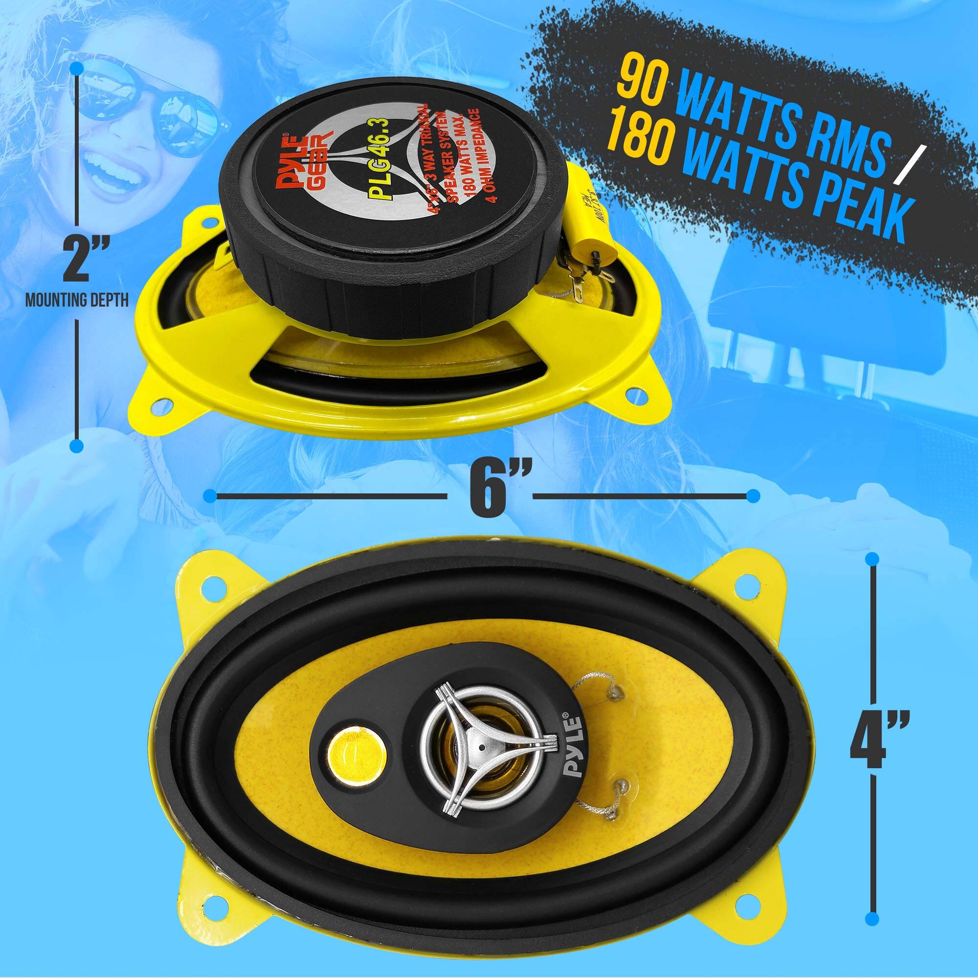 2" MOUNTING DEPTH PYLE GEAR PLG46.3 TRIADAL SYSTEM MAX IMPEDANCE 4 OHM SPEED 180 WATTS 90 WATTS RMS / 180 WATTS PEAK 6" PYLE 4"