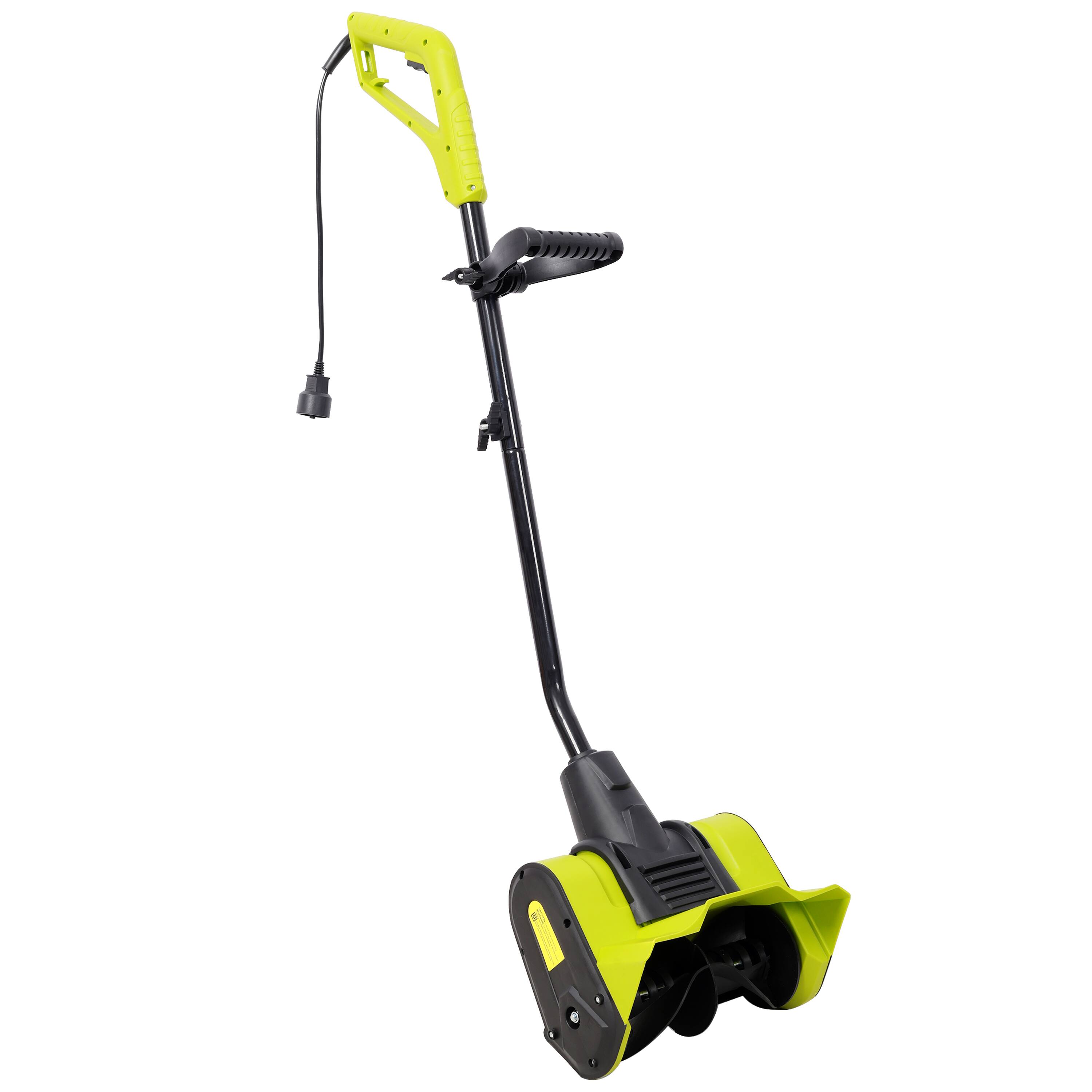 Left. Z-Edge - 12-Inch Electric Snow Shovel, 10-Amp Corded Snow Blower, Lightweight Snow Thrower with Dual-Blade Auger for Sidewalk - Green.