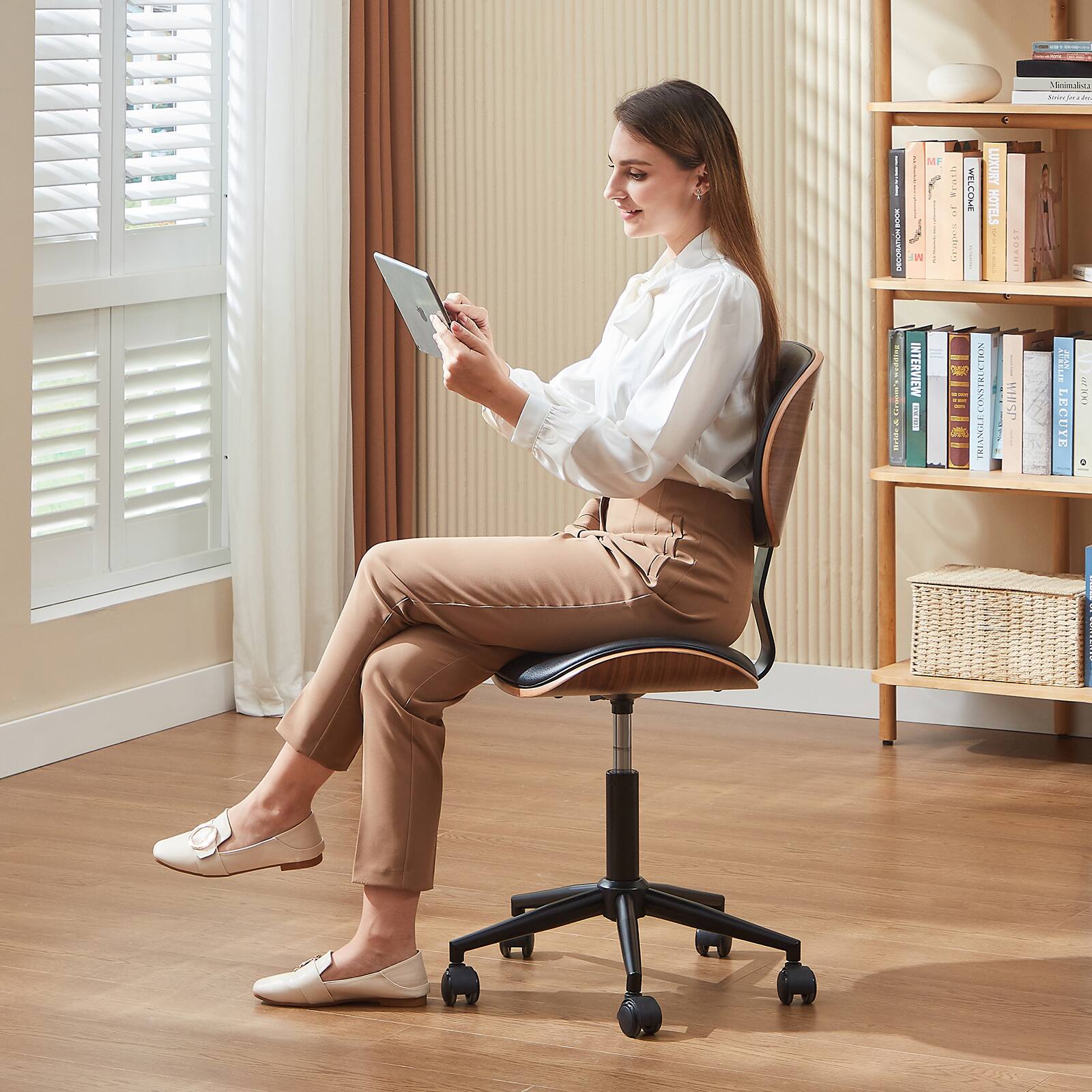 Bestier - Cross-Legged Bentwood Office Chair - Armless Ergonomic Design, Adjustable Height with Lumbar Support, PU Leather - Black