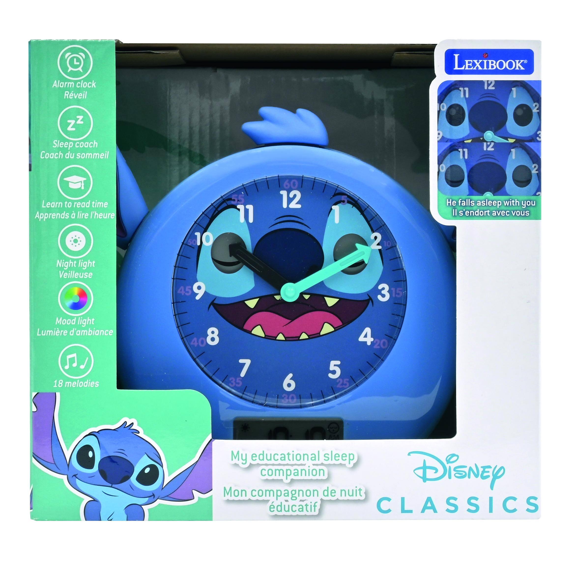 Alarm clock  
Rveil  

Sleep coach  
Coach du sommeil  

Learn to read time  
Apprends à lire l'heure  

Night light  
Veilleuse  

Mood light  
Lumière d'ambiance  

18 melodies  

My educational sleep companion  
Mon compagnon de nuit éducatif  

Disney  
CLASSICS