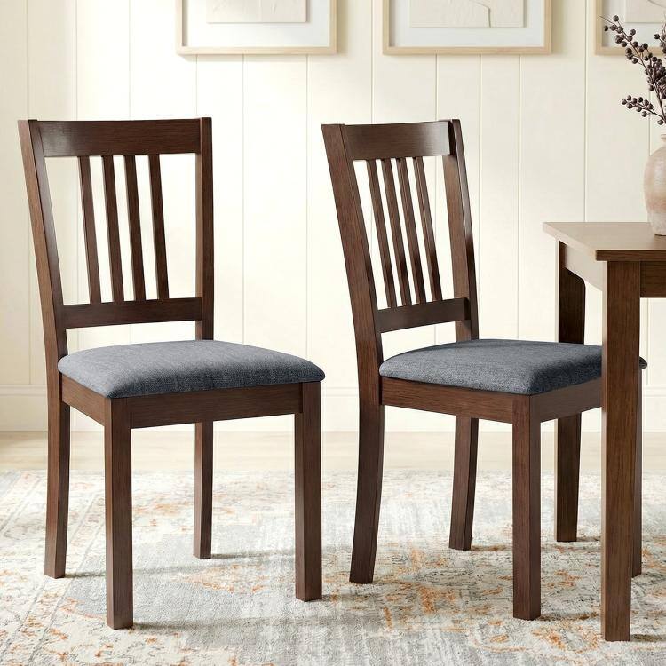 Alt View 1. PULUZ - Dining Chairs Set of 2, Upholstered Kitchen Chairs with Rubberwood Frame, Padded Seat and Slat-Back - Espresso Frame and Gray Upholstery.