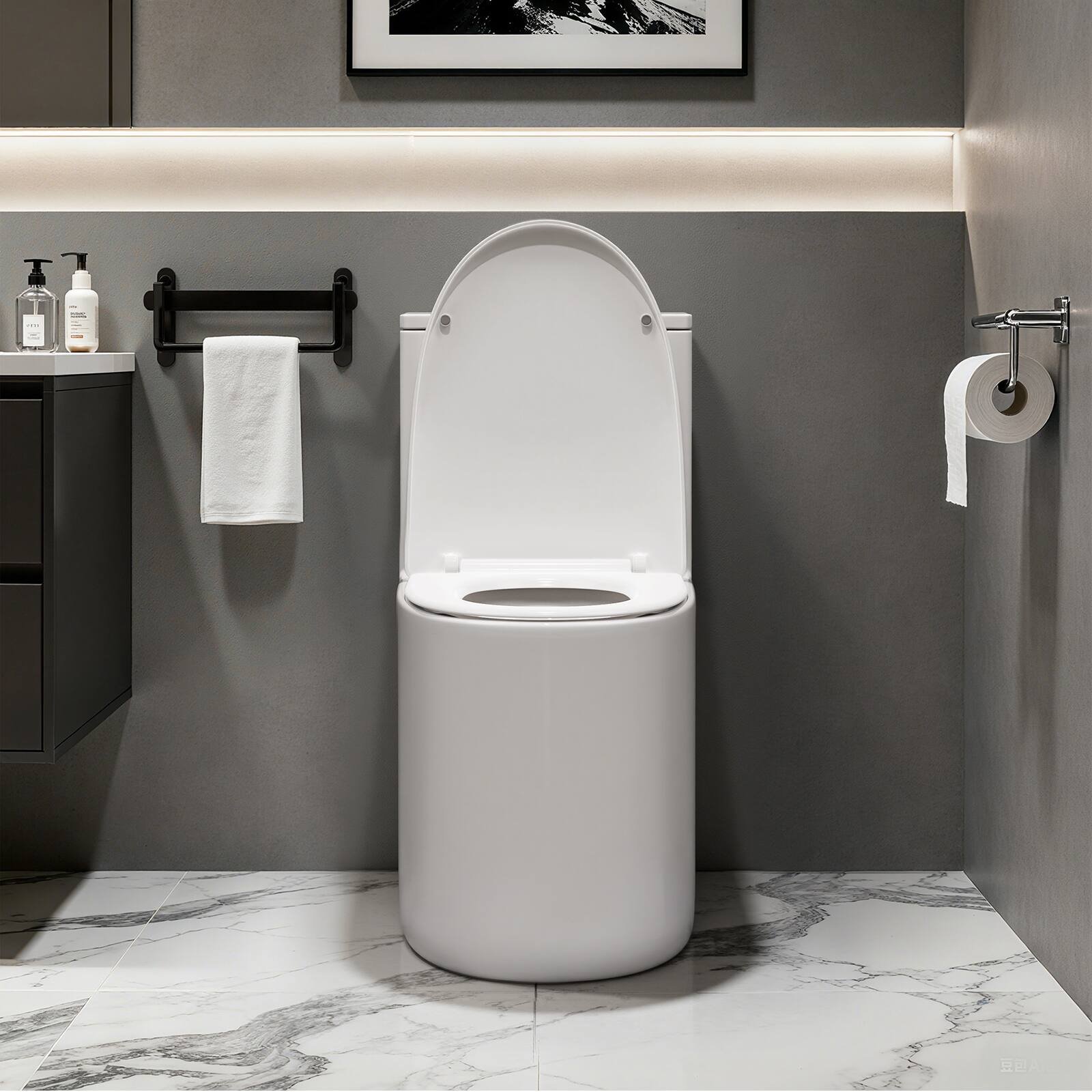 Left. Koligey - ADA 17'' Comfort-Height One Piece Toilet, 1.14/1.58 GPF Dual Flush Siphon, Soft-Close Seat - White.